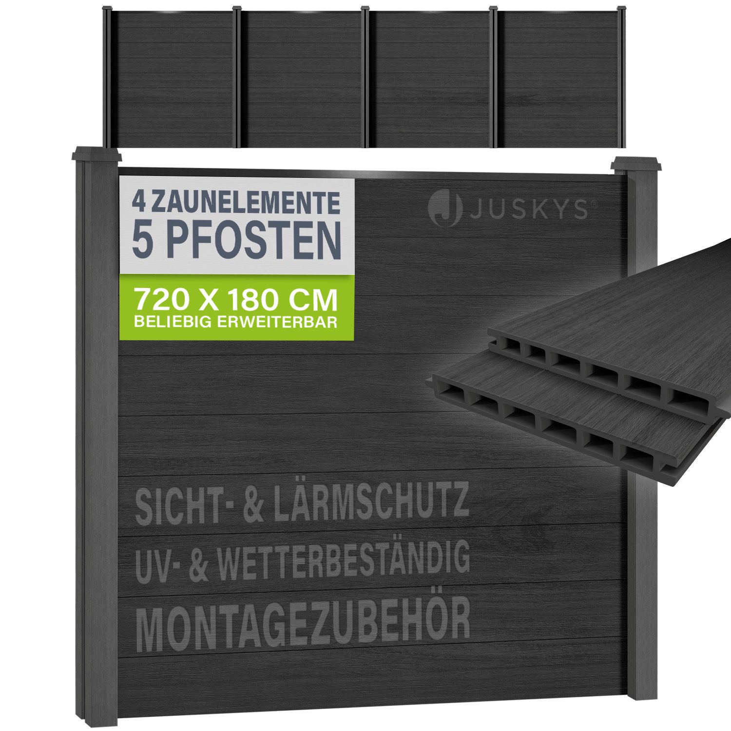 JUSKYS&reg; WPC Sichtschutzzaun 4er Set - 4x Element + 5x Pfosten & Zubeh&ouml;r, Gartenset WPC- & Stahlkonstruktion, Anthrazit / Grau 
