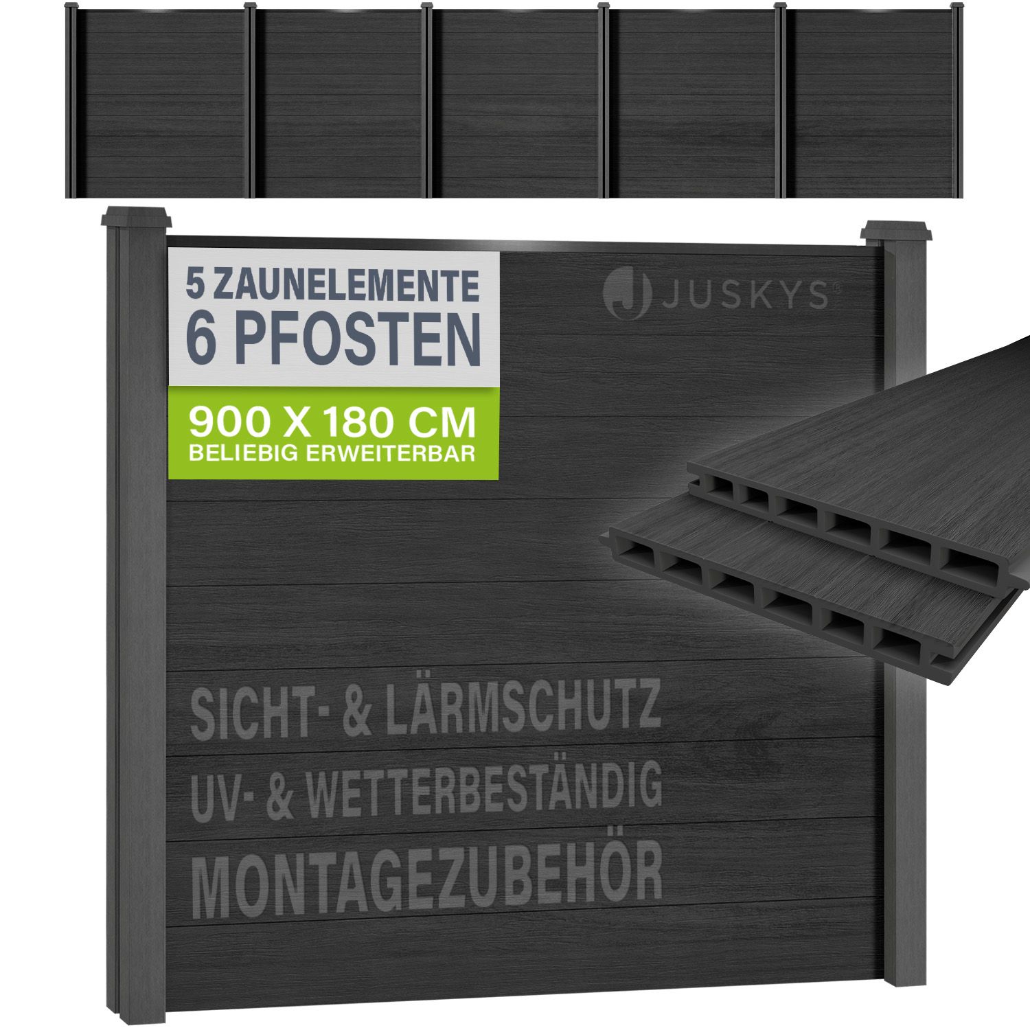 JUSKYS&reg; WPC Sichtschutzzaun 5er Set - 5x Element + 6x Pfosten & Zubeh&ouml;r, Gartenset WPC- & Stahlkonstruktion, Anthrazit / Grau 