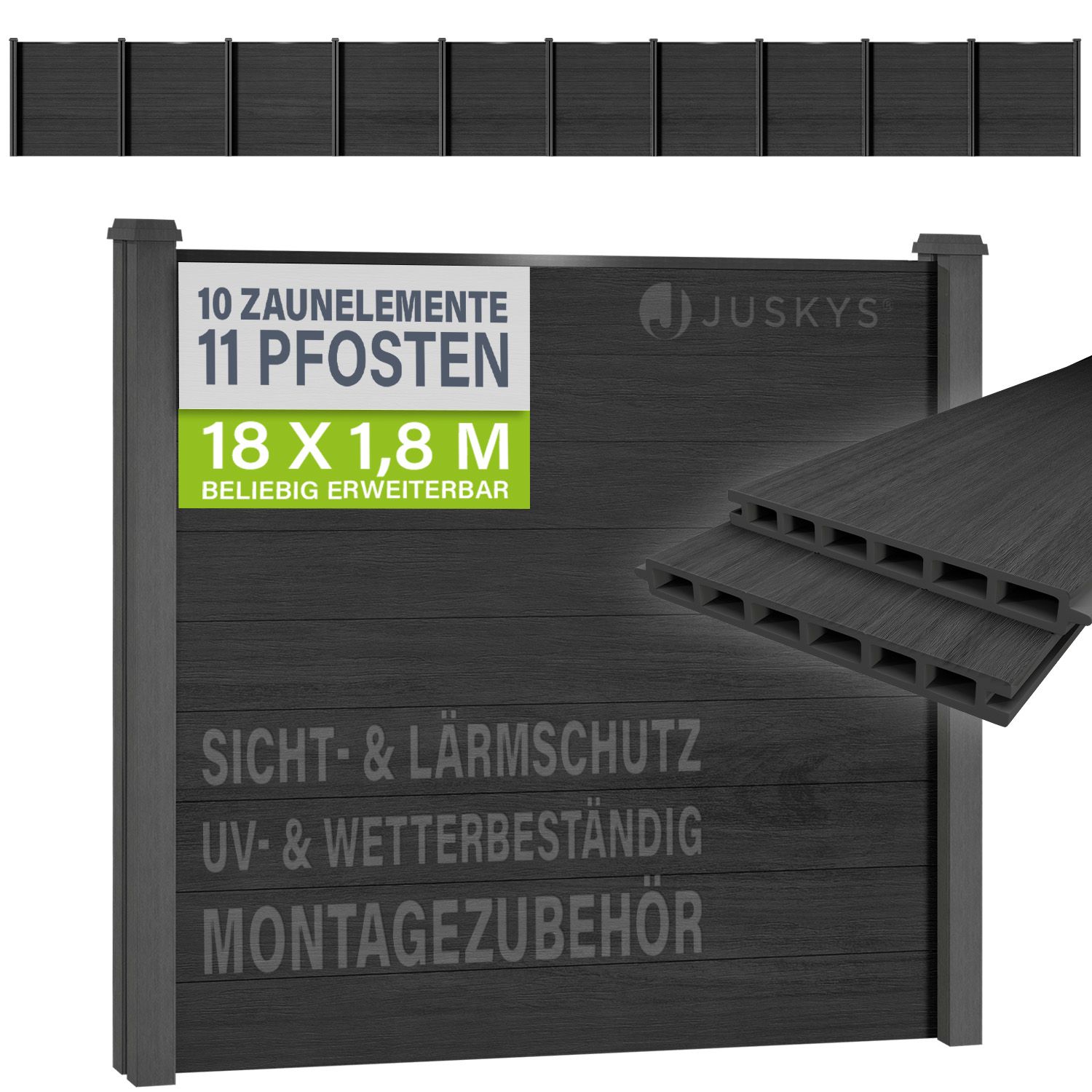 JUSKYS&reg; WPC Sichtschutzzaun 10er Set - 10x Element + 11x Pfosten & Zubeh&ouml;r, Gartenset WPC- & Stahlkonstruktion, Anthrazit / Grau 