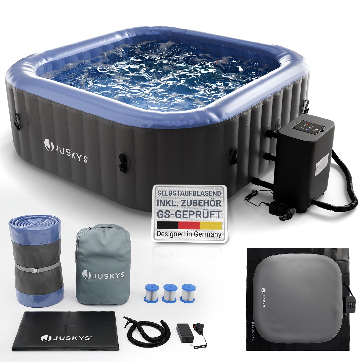 Juskys&reg; Whirlpool SpaLuxe &ndash; 130 Sprudeld&uuml;sen, 2400W Heizung, 910L Volumen - Grau / Blau 