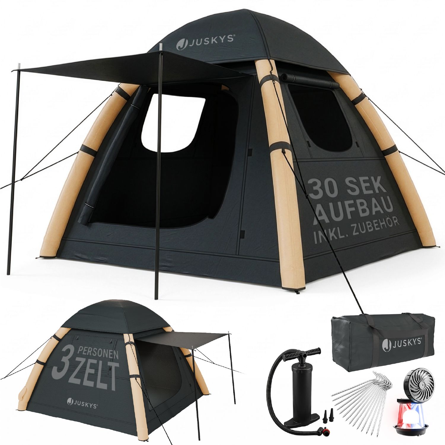 Juskys&reg; Campingzelt EasyFlow M - Dunkelgrau/Khaki, aufblasbares Zelt mit Luftpumpe und Zubeh&ouml;r, inkl. LED-Lampe 