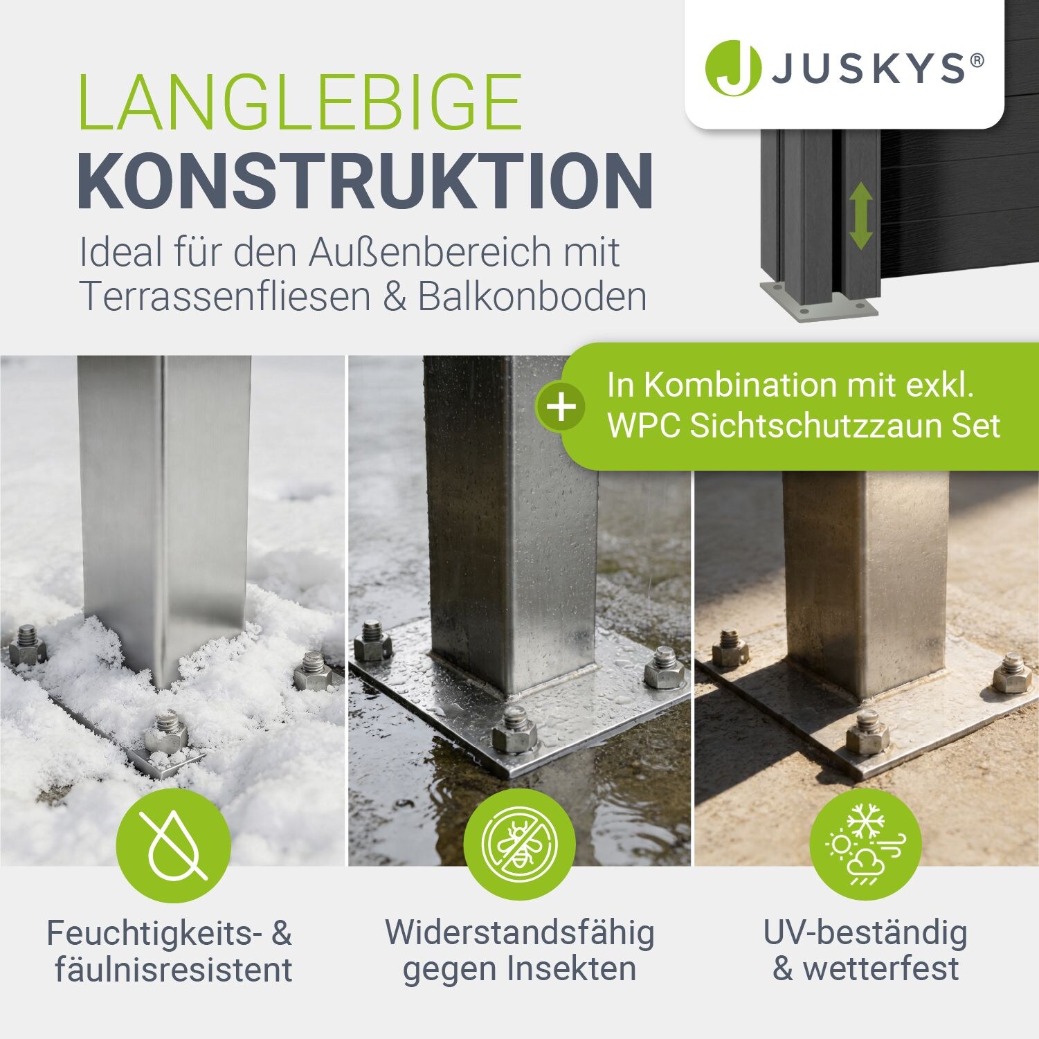 JUSKYS® Aufschraubhülse für WPC Sichtschutzzaunelemente - robuste Stahlbefestigung, wetterfest, 10x10x112 cm, für Betonboden & Terrassen