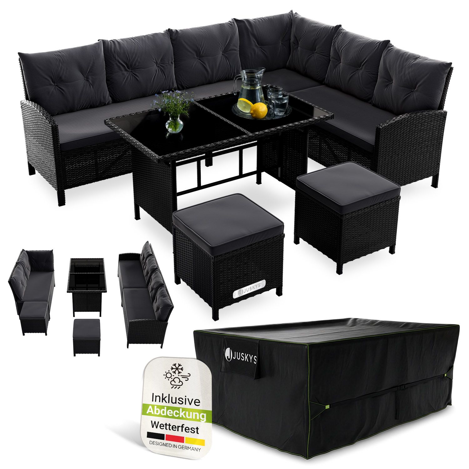 Juskys Gartenlounge Manacor schwarz - Sofa, Tisch, Hocker & Kissen inkl. Abdeckung - 8 Personen - Sitzbez&uuml;ge in Grau 