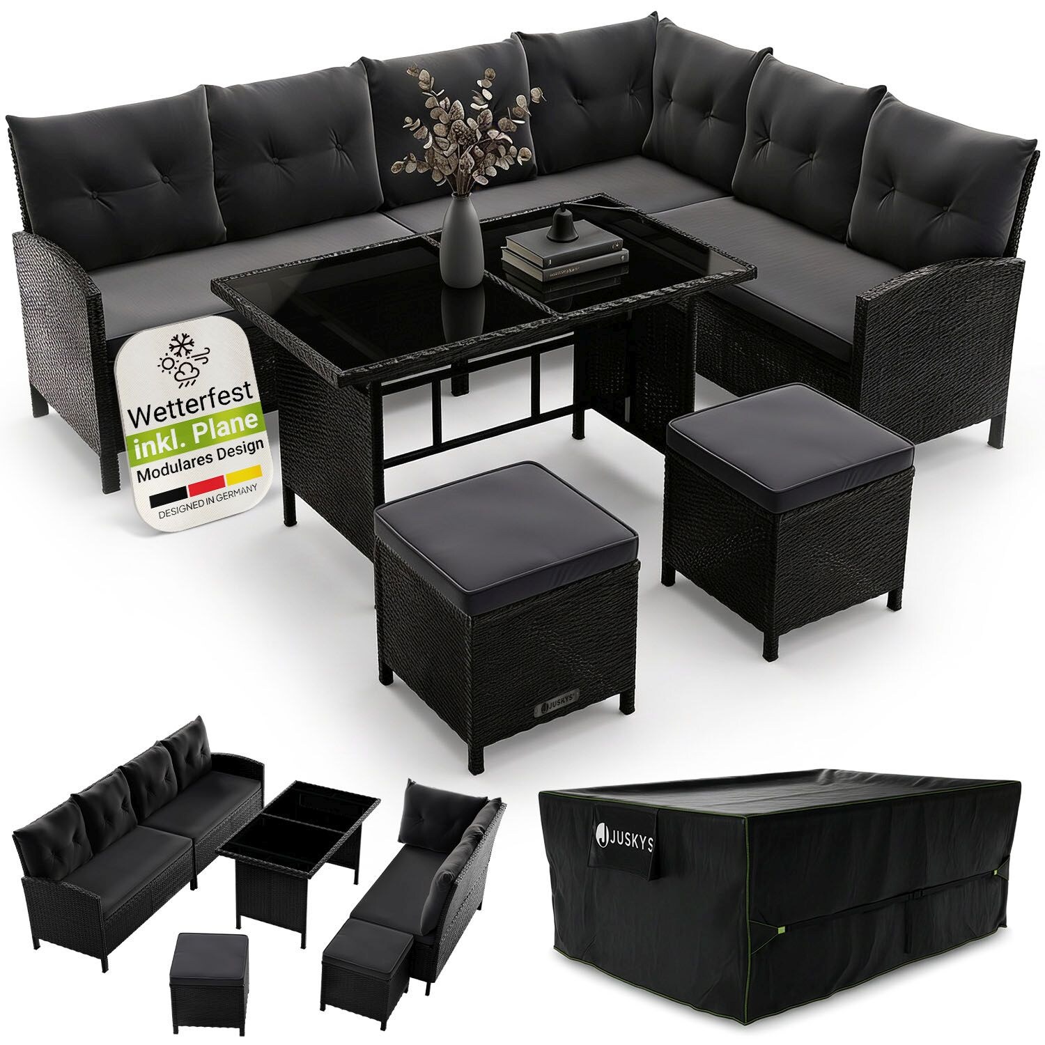 Gartenlounge Manacor schwarz - Sofa, Tisch, Hocker & Kissen inkl. Abdeckung - 7 Personen - Sitzbezüge in Grau