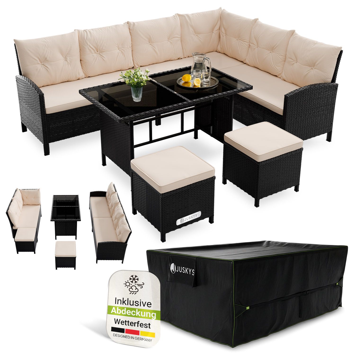 Juskys Gartenlounge Manacor schwarz - Sofa, Tisch, Hocker & Kissen inkl. Abdeckung - 8 Personen - Sitzbez&uuml;ge in Creme 