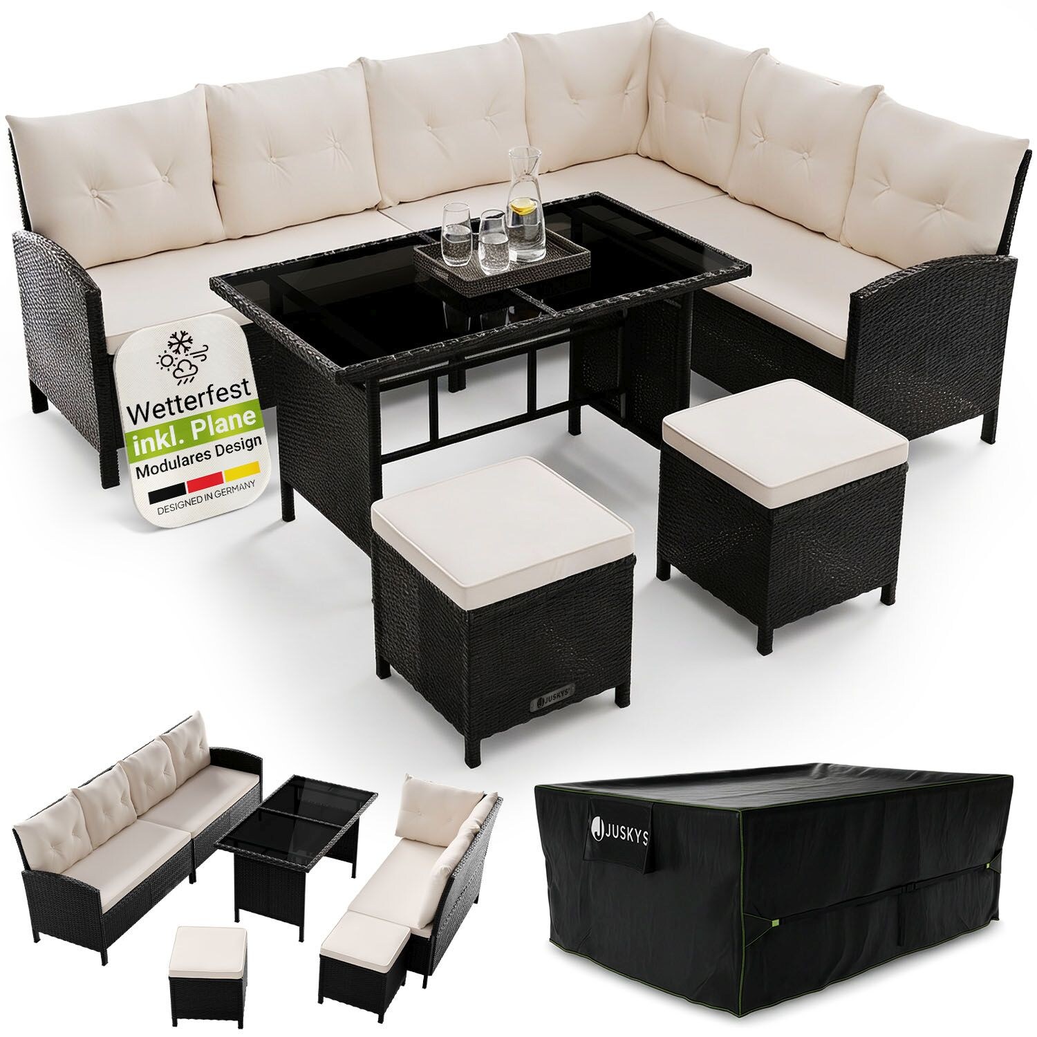Gartenlounge Manacor schwarz - Sofa, Tisch, Hocker & Kissen inkl. Abdeckung - 7 Personen - Sitzbezüge in Creme