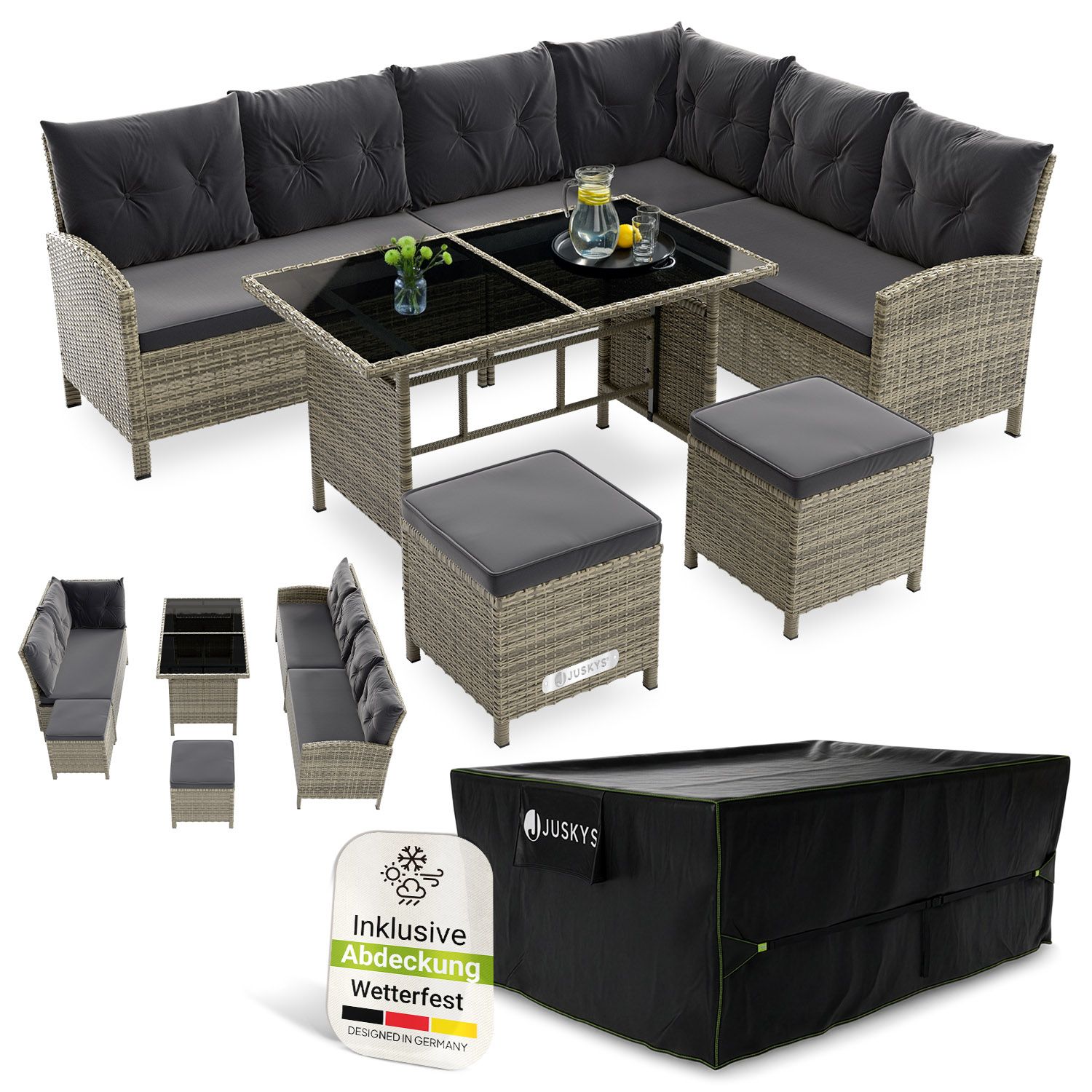 Juskys Gartenlounge Manacor grau - Sofa, Tisch, Hocker & Kissen inkl. Abdeckung - 8 Personen - Sitzbez&uuml;ge Grau 