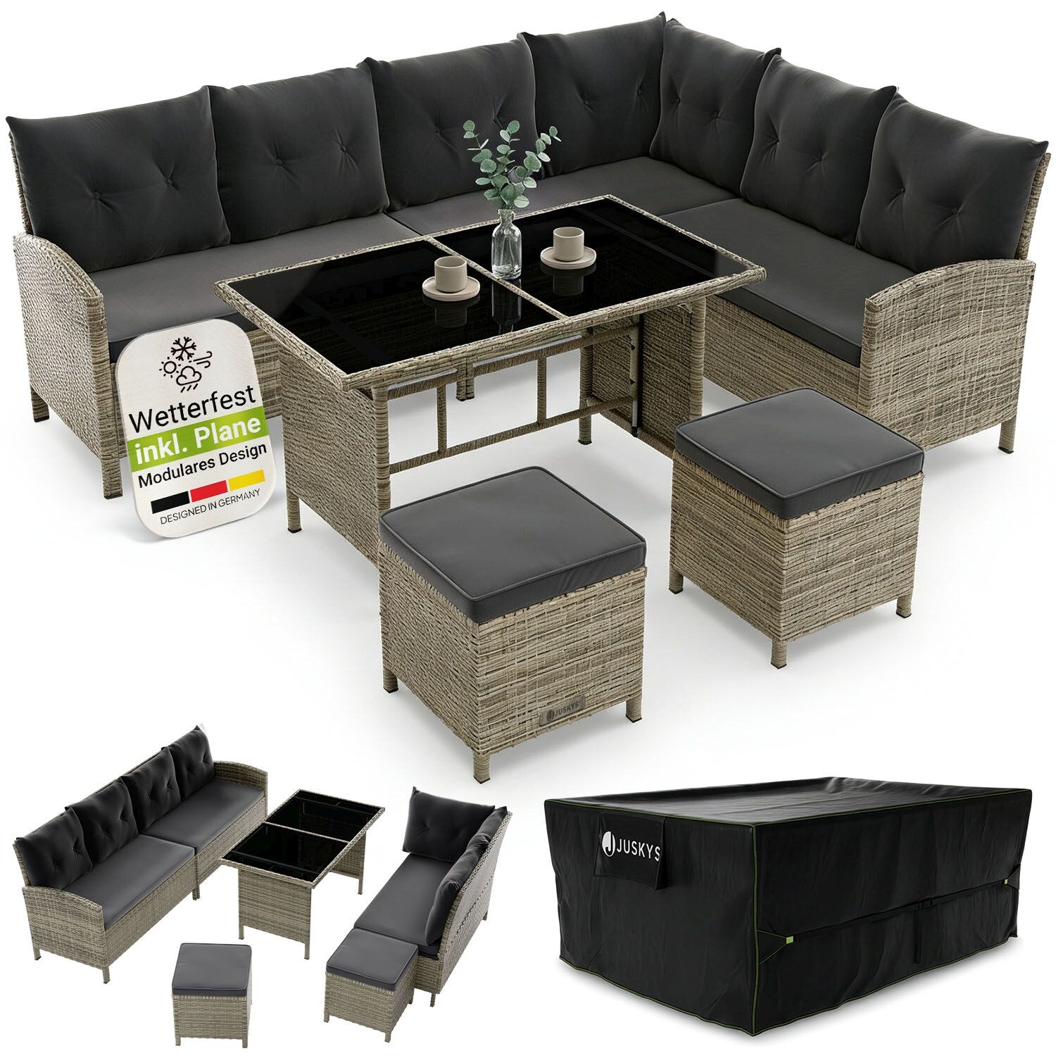 Gartenlounge Manacor grau - Sofa, Tisch, Hocker & Kissen inkl. Abdeckung - 7 Personen - Sitzbezüge Grau