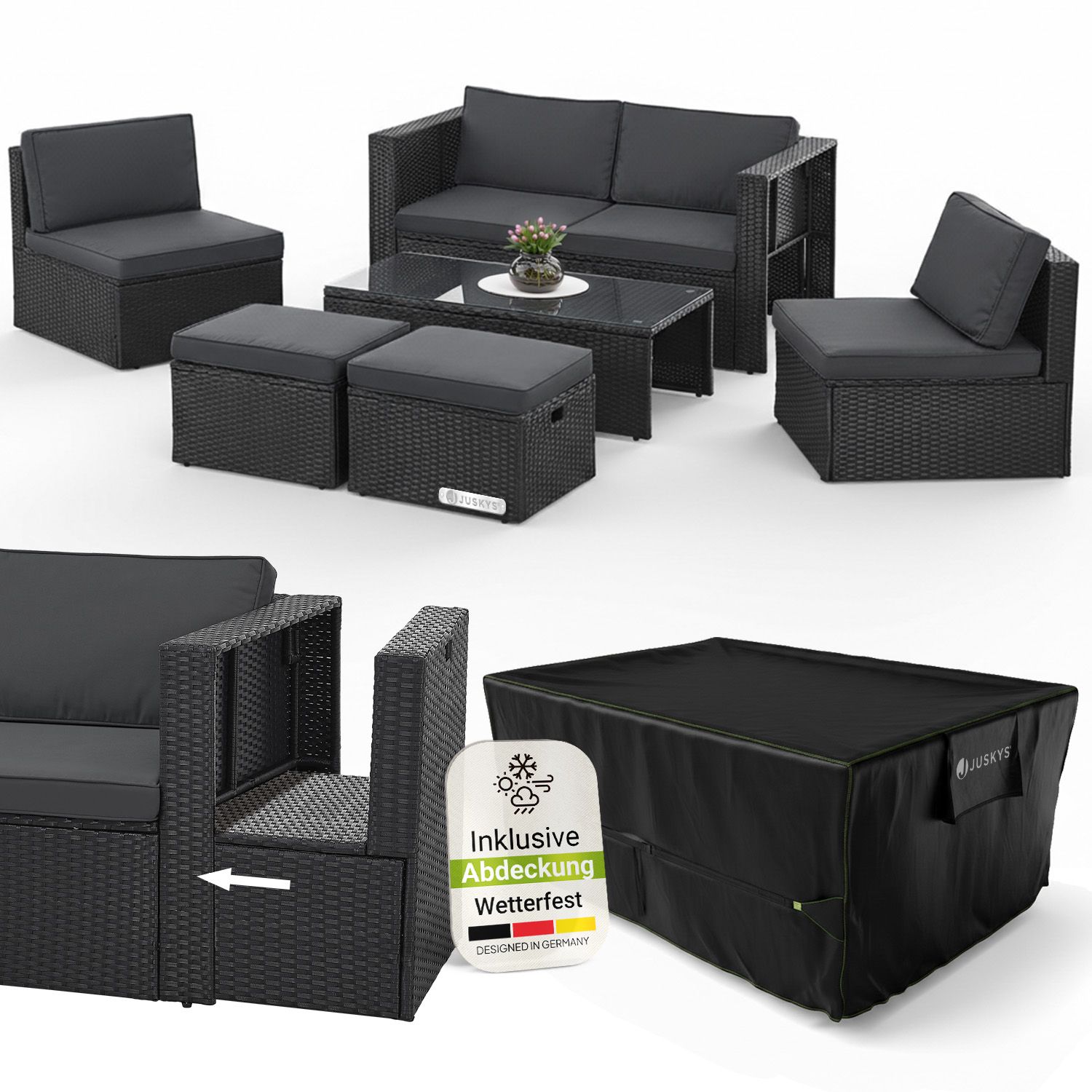 Juskys Polyrattan Gartenm&ouml;bel Set Salou inkl. Abdeckung - Outdoor Lounge f&uuml;r 6 Personen, wetterfest - Schwarz 
