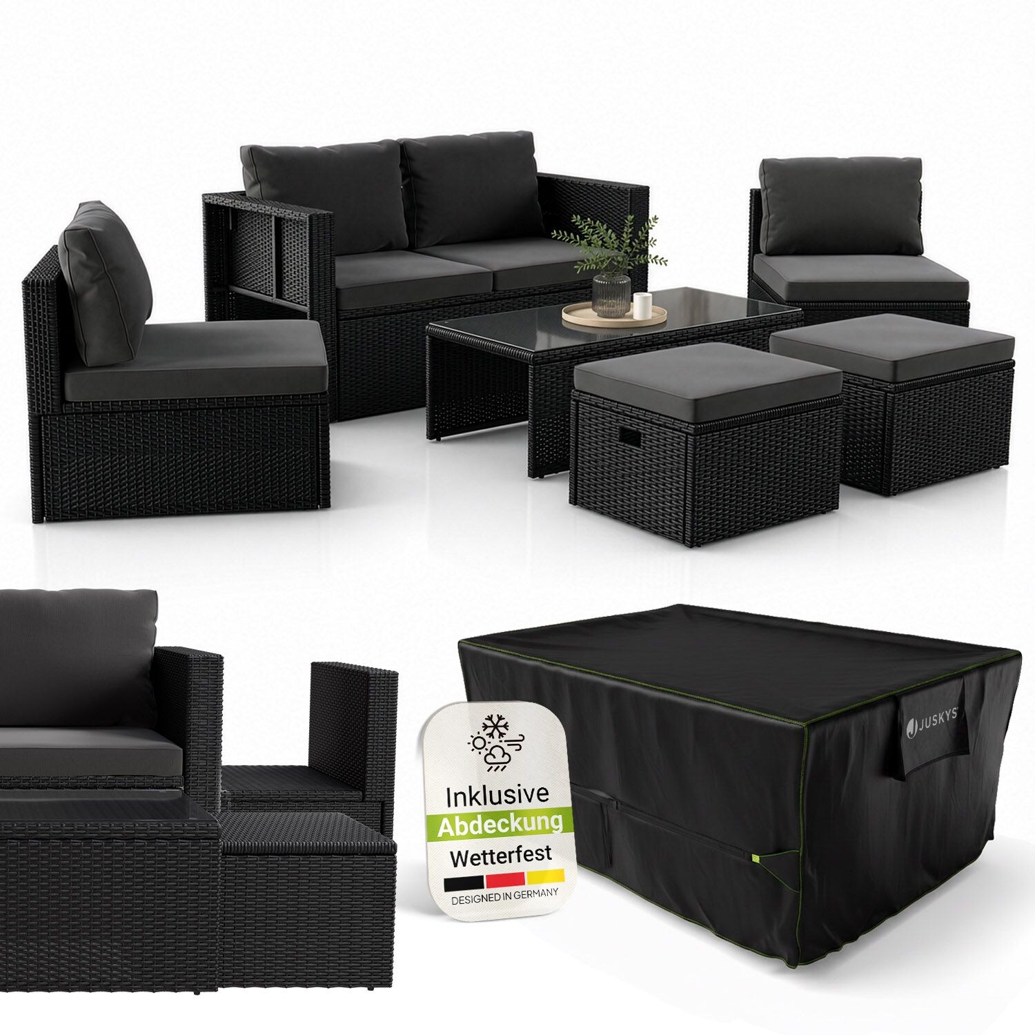 Polyrattan Gartenmöbel Set Salou inkl. Abdeckung - Outdoor Lounge für 6 Personen, wetterfest - Schwarz