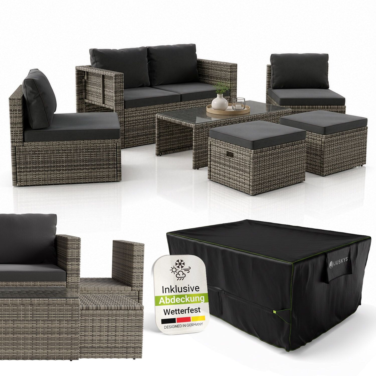 Polyrattan Gartenmöbel Set Salou inkl. Abdeckung - Outdoor Lounge für 6 Personen, wetterfest - Grau
