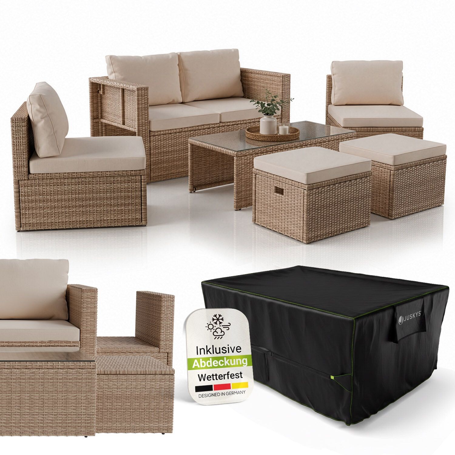 Polyrattan Gartenmöbel Set Salou inkl. Abdeckung - Outdoor Lounge für 6 Personen, wetterfest - Creme