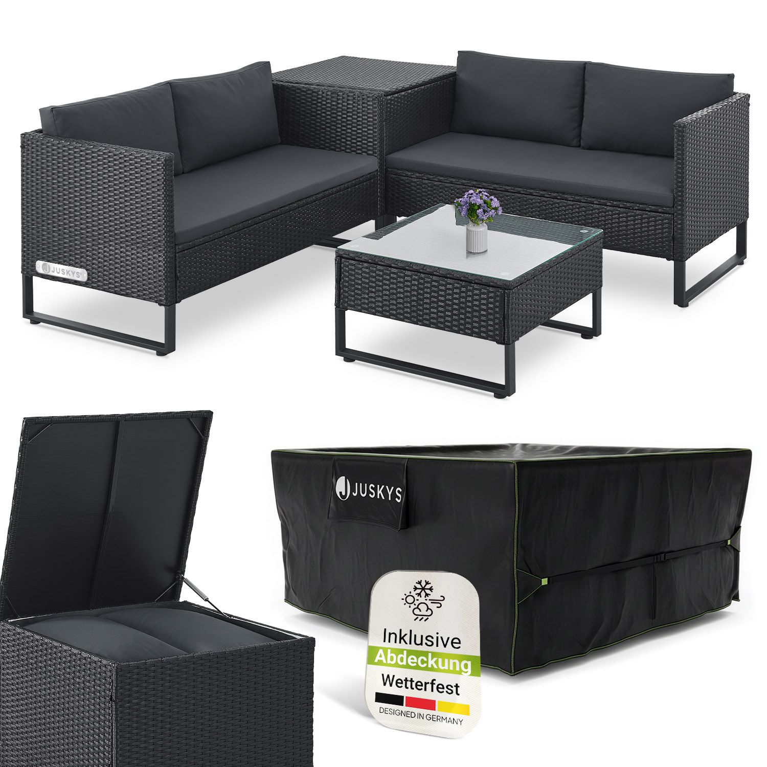 Juskys Polyrattan Lounge Santorini inkl. Abdeckung - Outdoor Sitzecke mit Beistelltisch & Auflagenbox - Schwarz 
