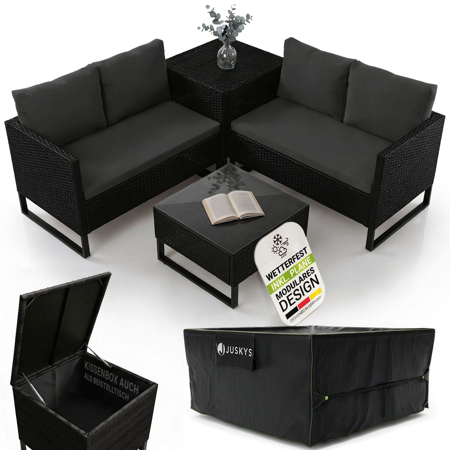 Polyrattan Lounge Santorini inkl. Abdeckung - Outdoor Sitzecke mit Beistelltisch & Auflagenbox - Schwarz