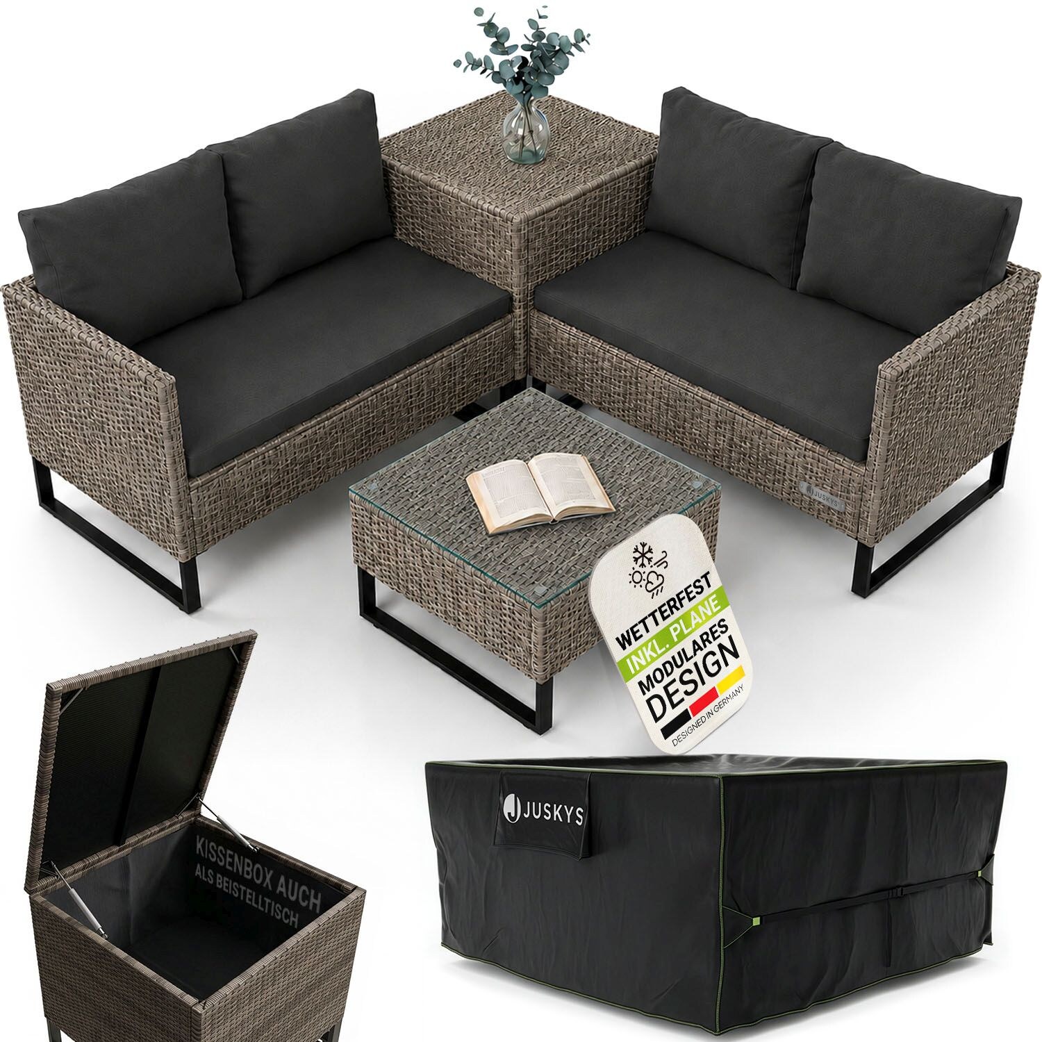 Polyrattan Lounge Santorini inkl. Abdeckung - Outdoor Sitzecke mit Beistelltisch & Auflagenbox - Grau