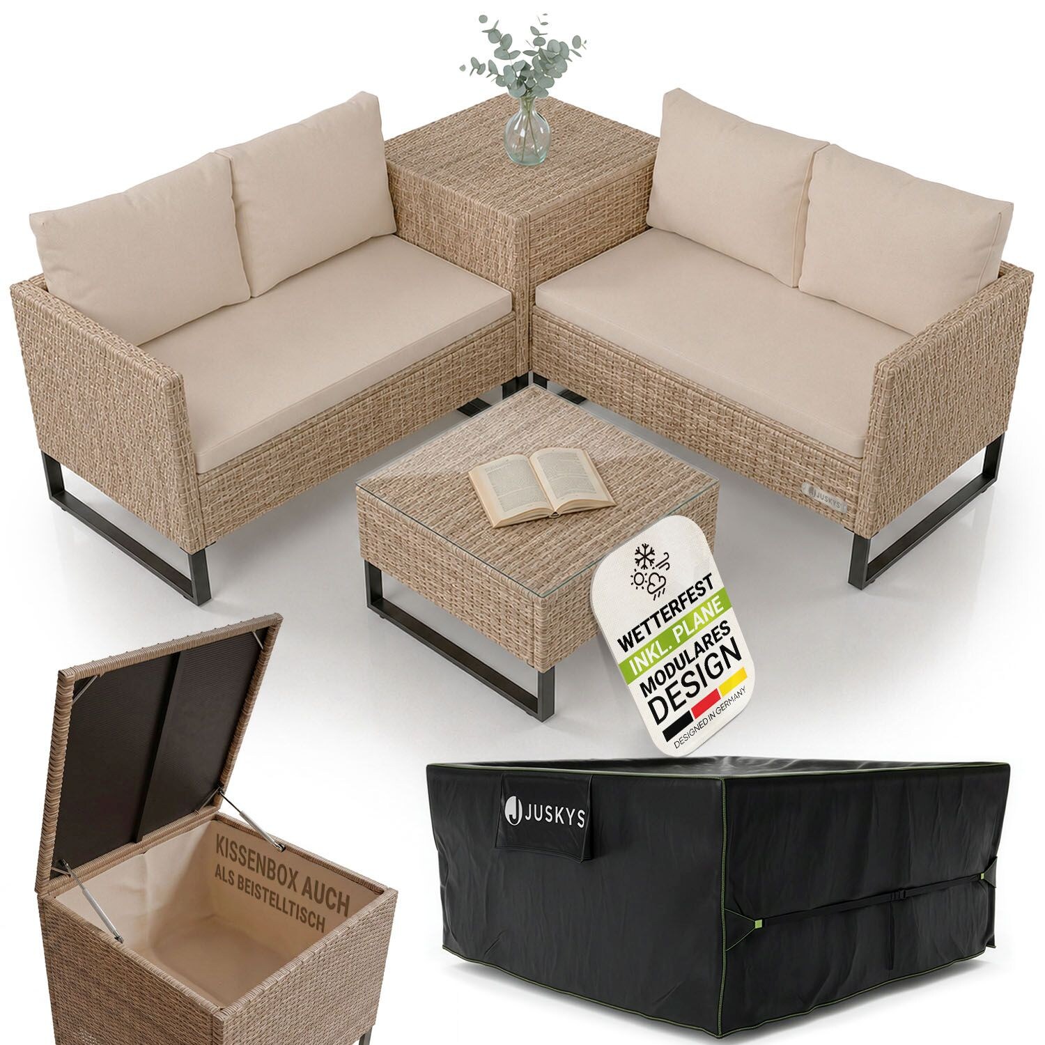 Polyrattan Lounge Santorini inkl. Abdeckung - Outdoor Sitzecke mit Beistelltisch & Auflagenbox - Creme