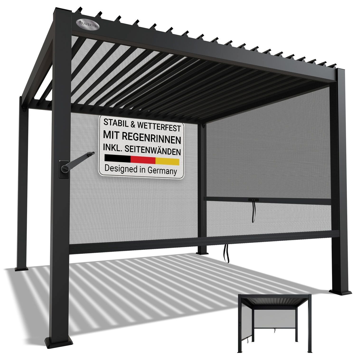 Lamellendach Tahiti 3x3 m inkl. 2x Seitenwand 3 m - Stahl Pergola - Terrassenüberdachung stabil - Anthrazit
