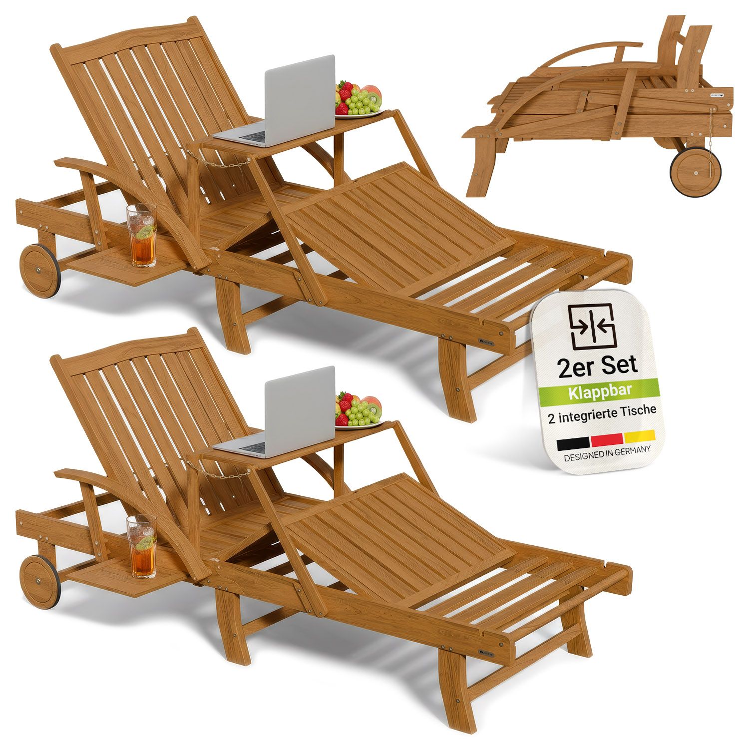 Juskys&reg; 2er Set Sonnenliege SunScape - Akazie, Natur, ge&ouml;lt, klappbar, inkl. Klapptisch, 196x72,5x30 cm 