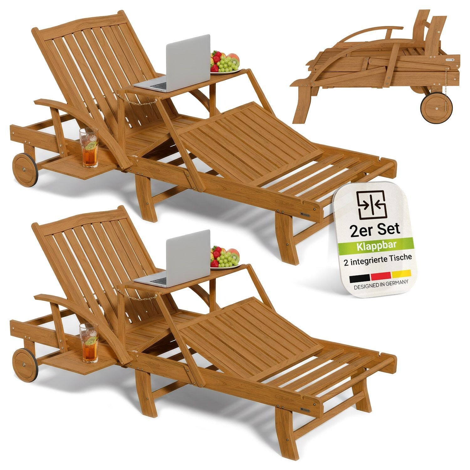 ® 2er Set Sonnenliege SunScape - Akazie, Natur, geölt, klappbar, inkl. Klapptisch, 196x72,5x30 cm