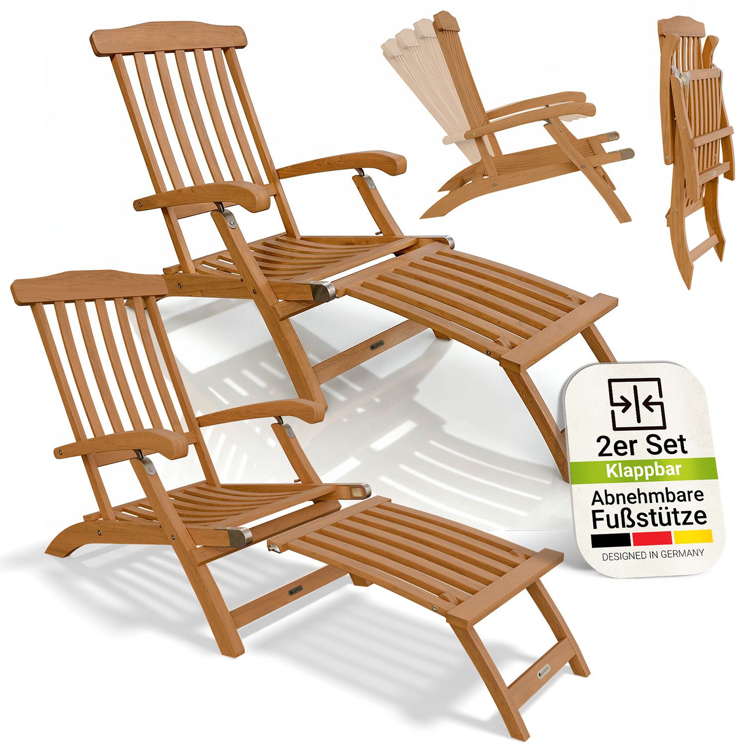 Juskys&reg; Sonnenliege Evia 2er Set - klappbar f&uuml;r Garten & Terrasse, ge&ouml;ltes Akazienholz f&uuml;r nat&uuml;rliche Optik & langlebige Nutzung, 196x54x95 cm in Natur 