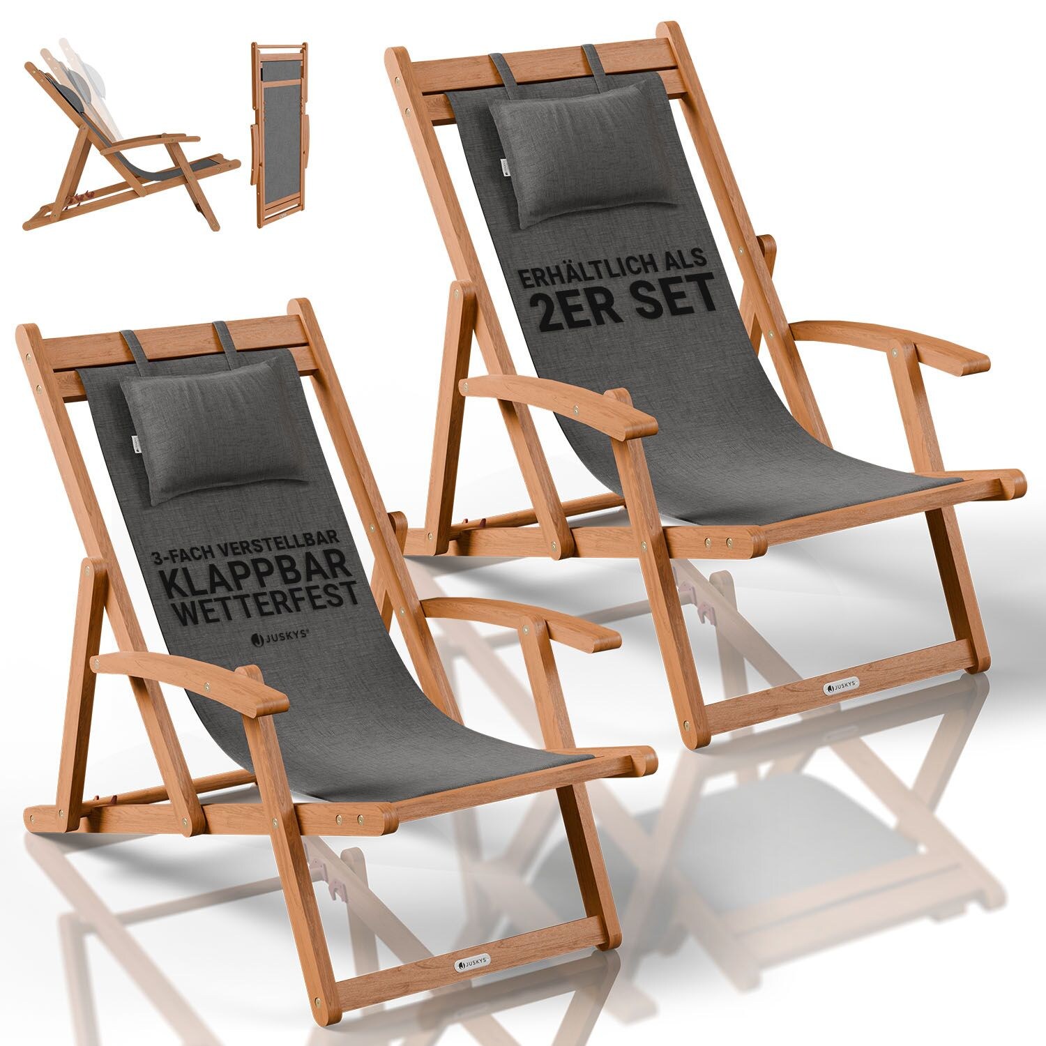 ® Sonnenliege Tavira 2er Set - Dunkelgrau, Akazienholz Liege mit UV-beständigem Polyesterbezug, verstellbare Komfortposition, klappbar