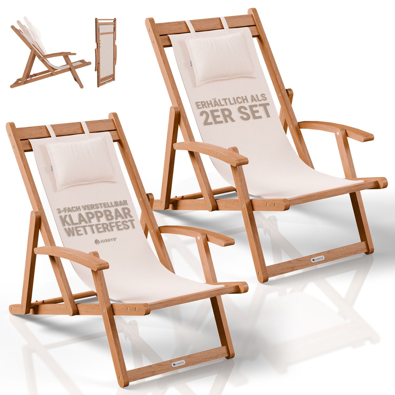 JUSKYS&reg; Sonnenliege Tavira 2er Set - Creme Akazienholz Liege mit UV-best&auml;ndigem Polyesterbezug, verstellbare Komfortposition, klappbar 