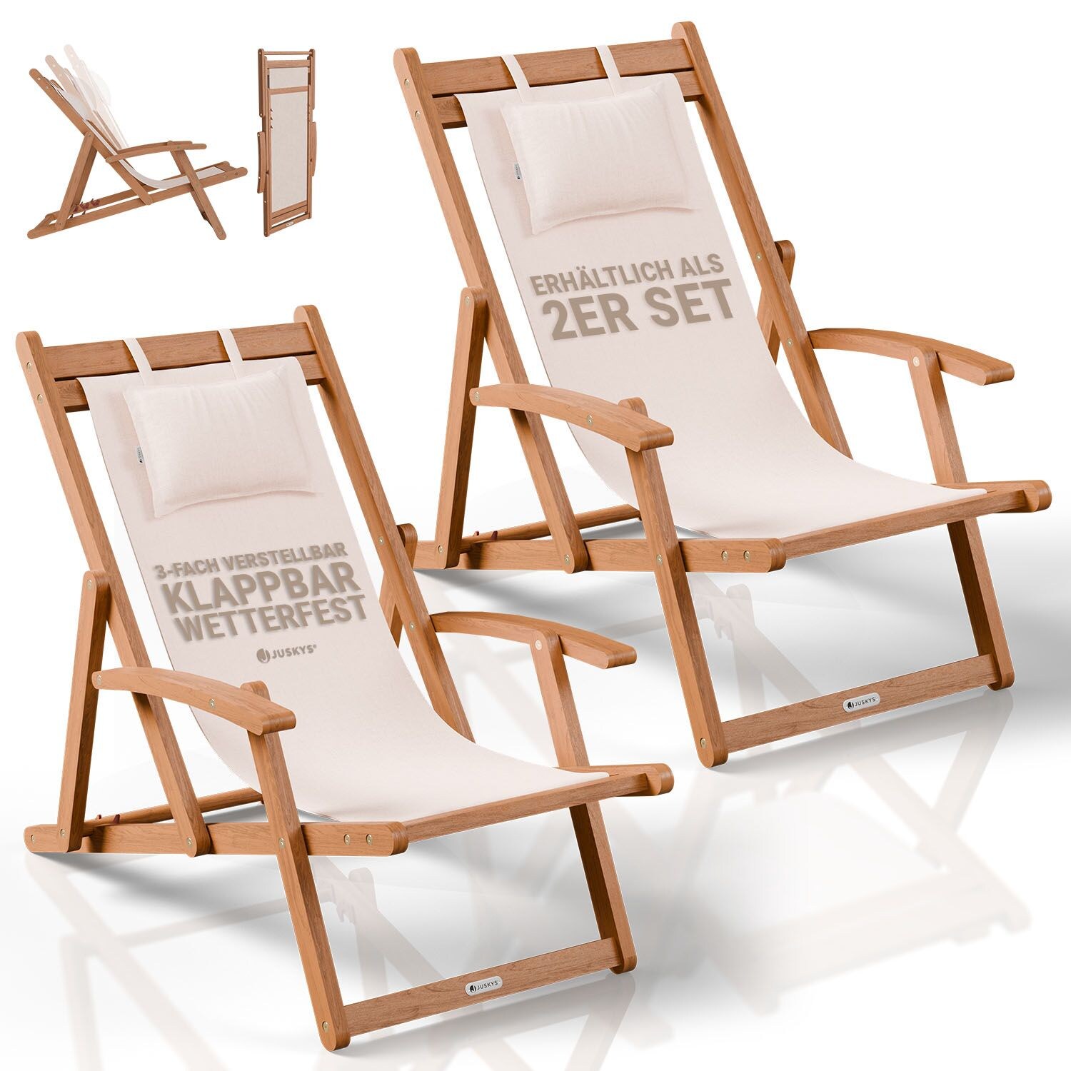 ® Sonnenliege Tavira 2er Set - Creme Akazienholz Liege mit UV-beständigem Polyesterbezug, verstellbare Komfortposition, klappbar