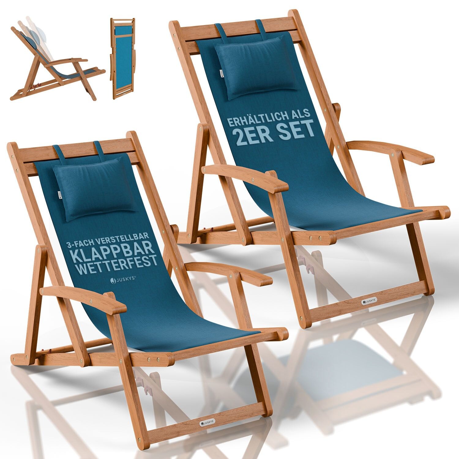 ® Sonnenliege Tavira 2er Set - Petrol, Akazienholz Liege mit UV-beständigem Polyesterbezug, verstellbare Komfortposition, klappbar