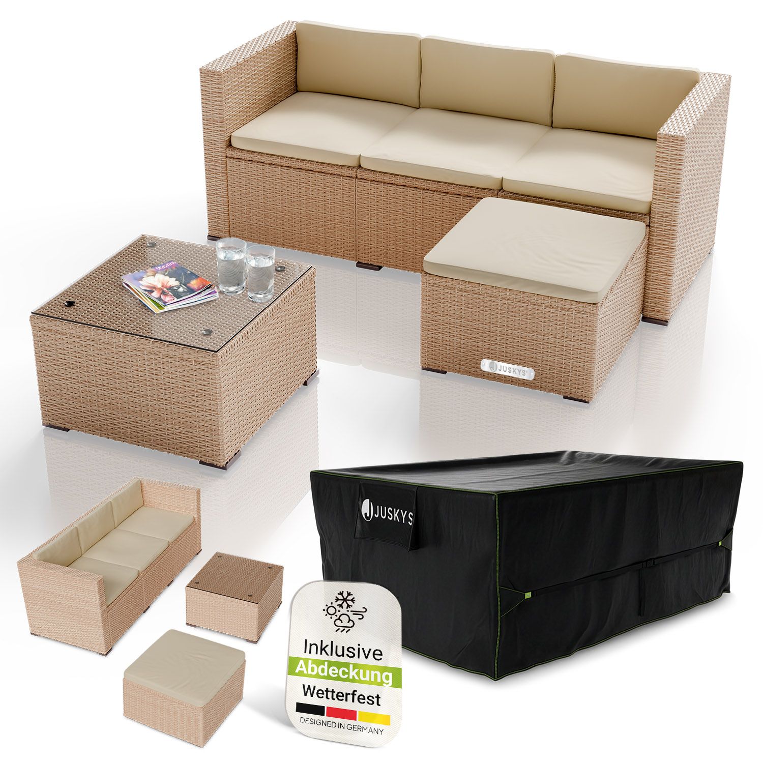 Juskys Polyrattan Lounge Punta Cana M creme f&uuml;r 3-4 Personen &ndash; Sofa, Tisch & Hocker 