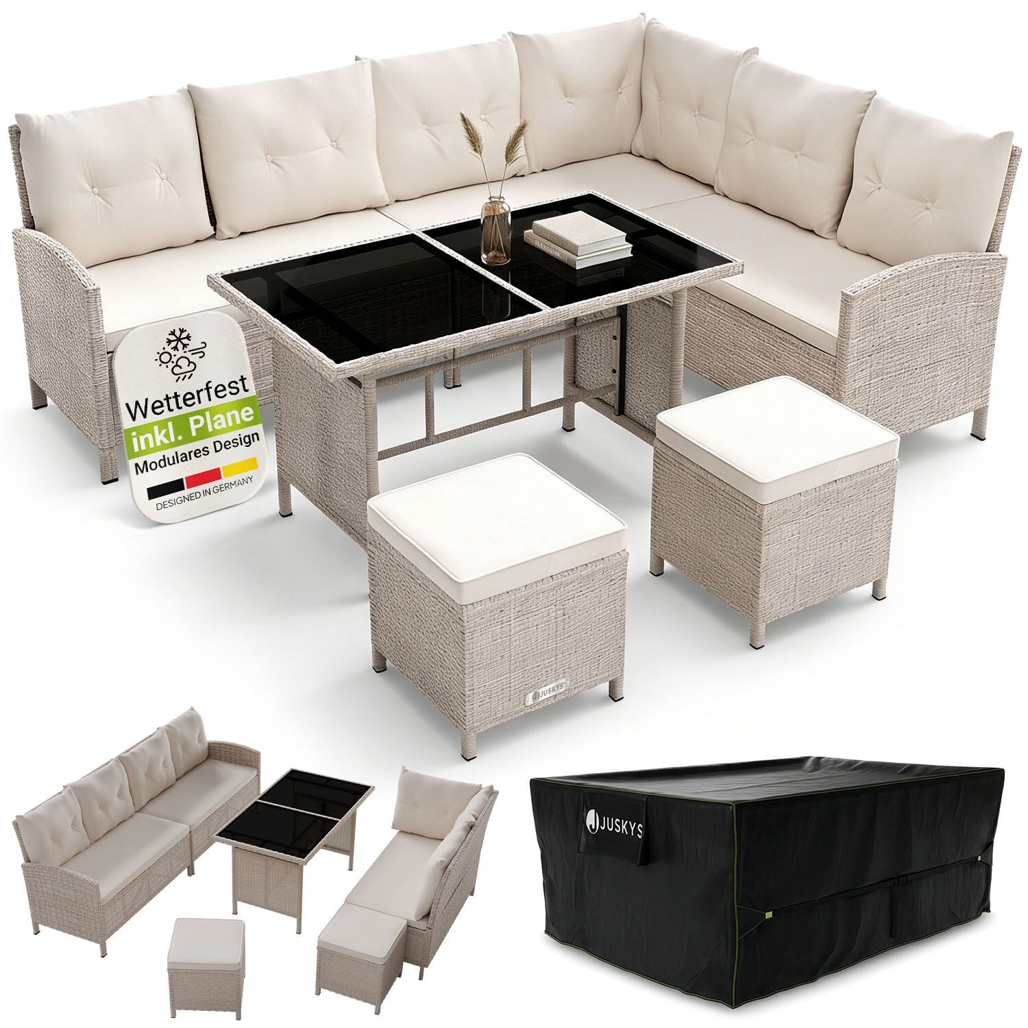 Gartenlounge Manacor creme - Sofa, Tisch, Hocker & Kissen inkl. Abdeckung - 8 Personen - Sitzbezüge in Sand