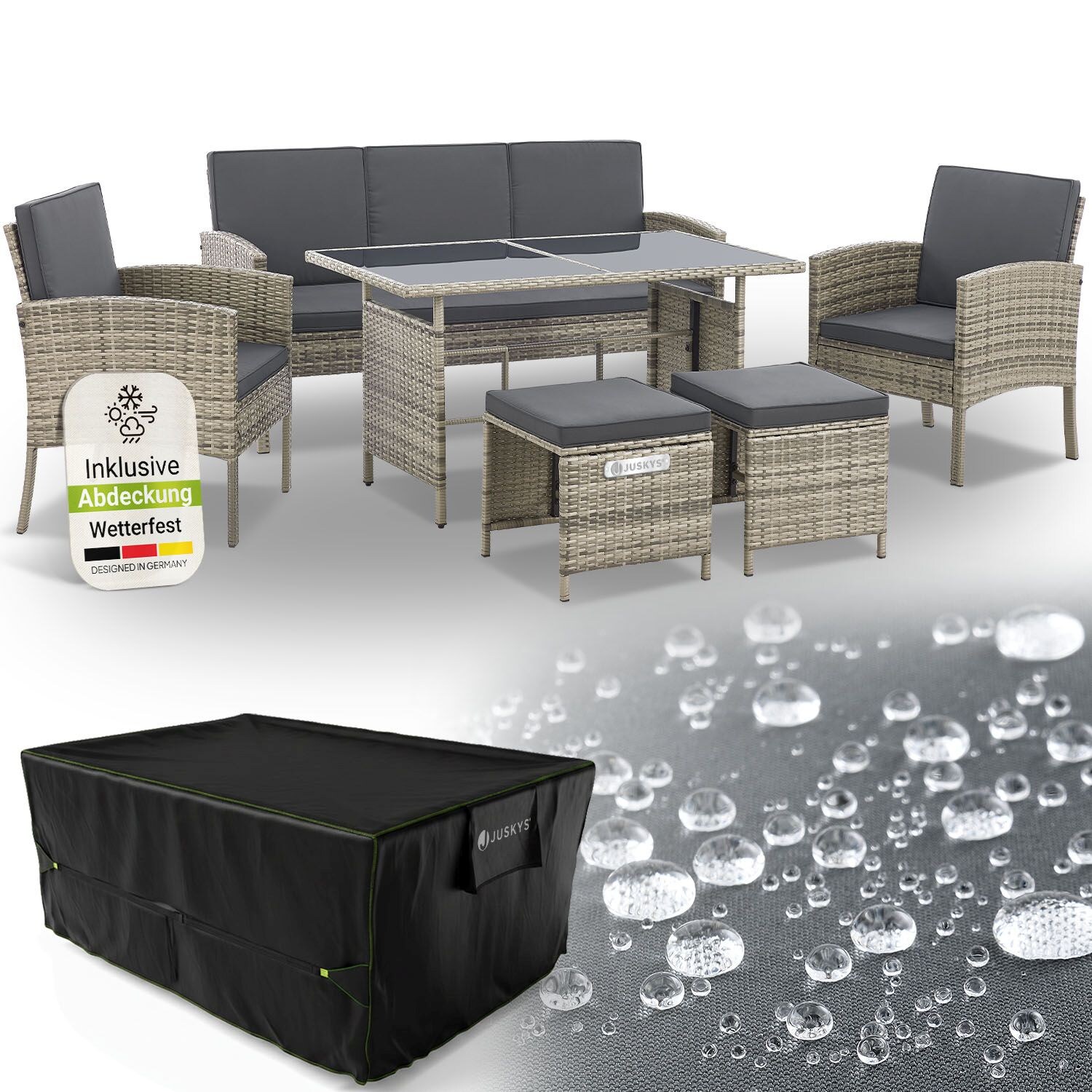 Polyrattan Gartenmöbel Sitzgruppe Turin Set 6 teilig inkl. Abdeckung - Outdoor Möbel mit Tisch – Lounge grau-meliert