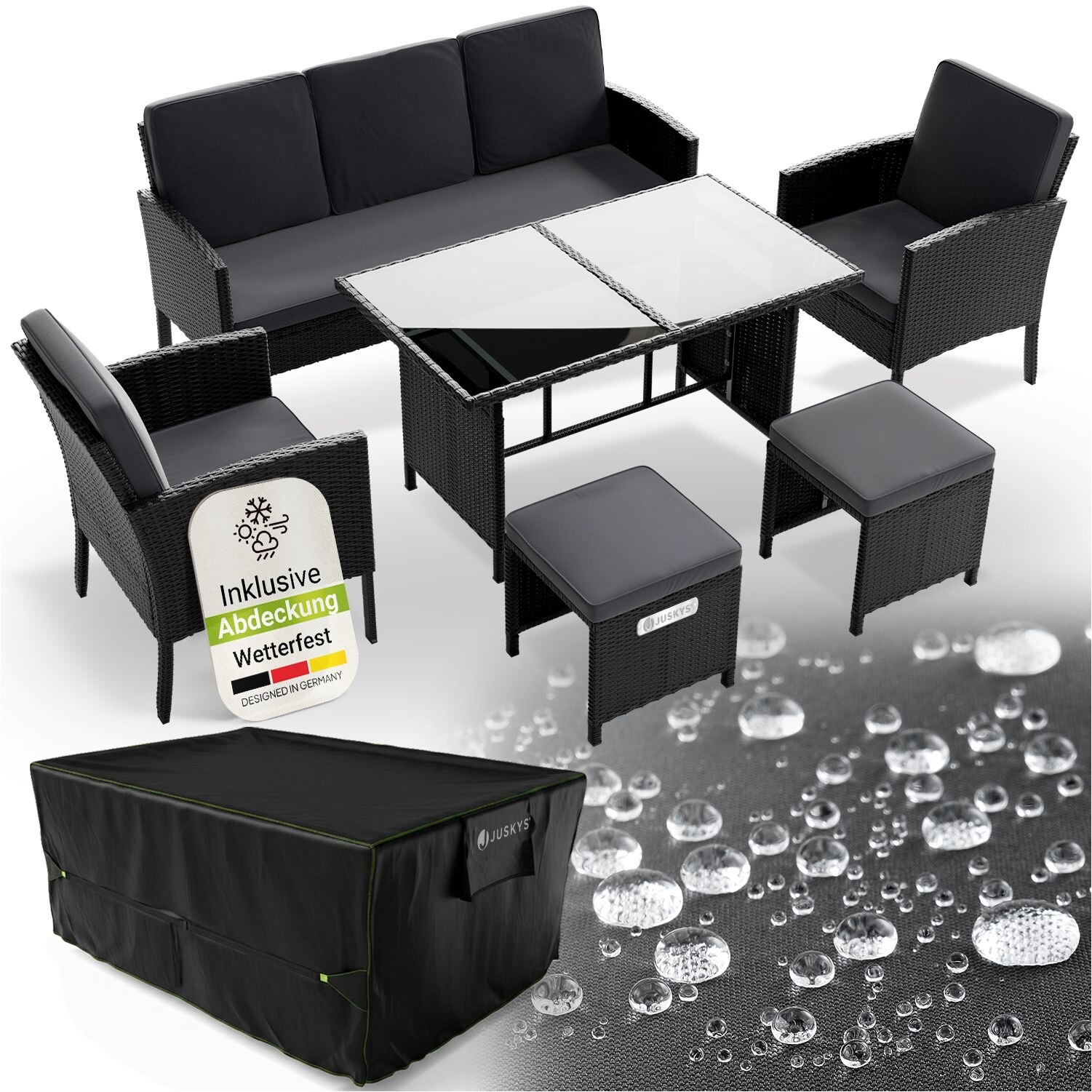 Polyrattan Gartenmöbel Sitzgruppe Turin Set 6 teilig inkl. Abdeckung - Outdoor Möbel mit Tisch - Schwarz