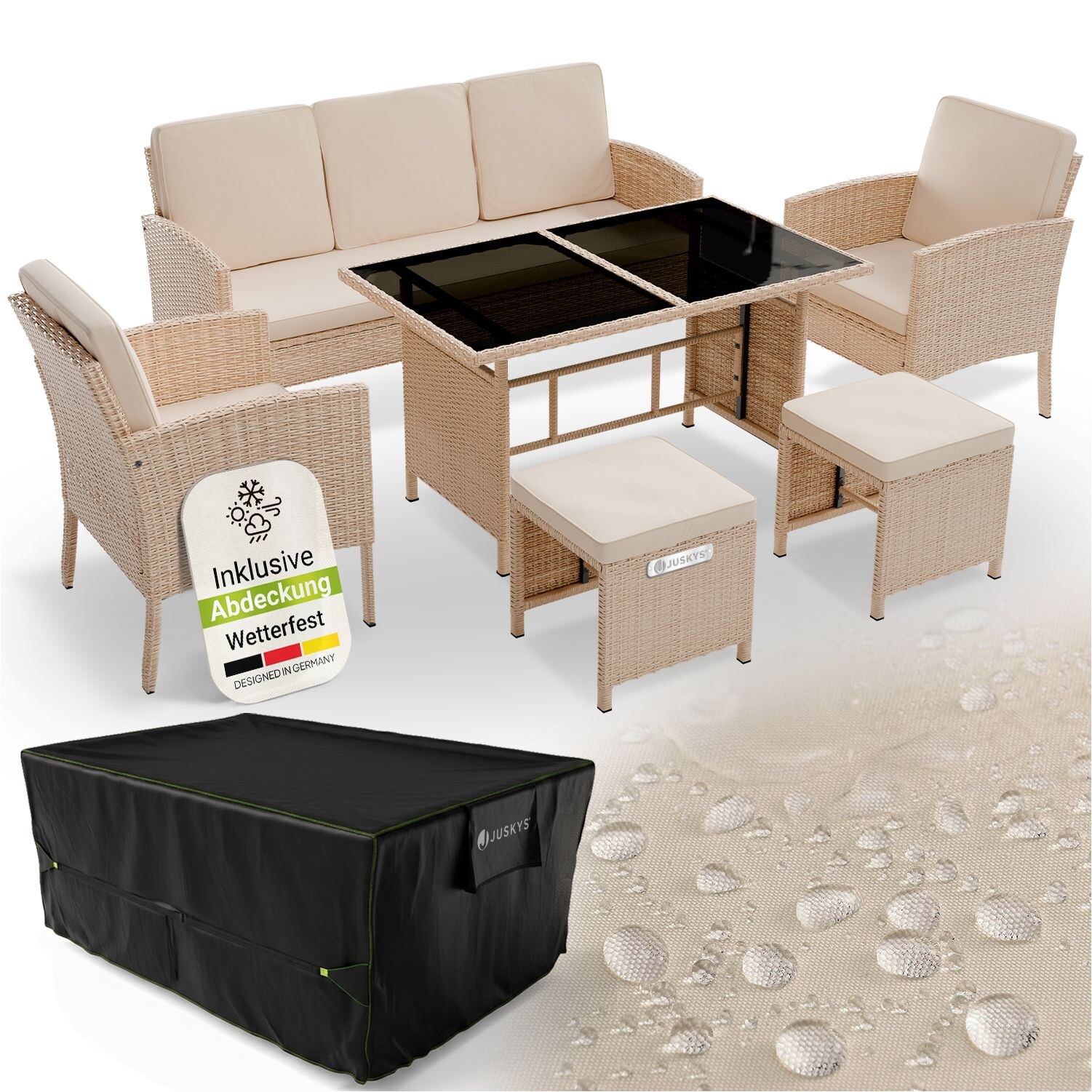 Polyrattan Gartenmöbel Sitzgruppe Turin Set 6 teilig inkl. Abdeckung - Outdoor Möbel mit Tisch – Lounge Creme