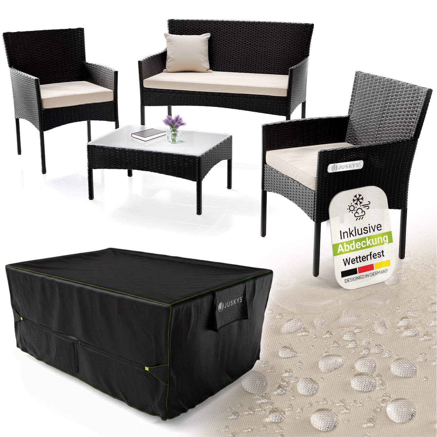 Juskys Polyrattan Gartenm&ouml;bel-Set Fort Myers schwarz mit Tisch, Sofa, 2 St&uuml;hle & Auflagen inkl. Abdeckung 