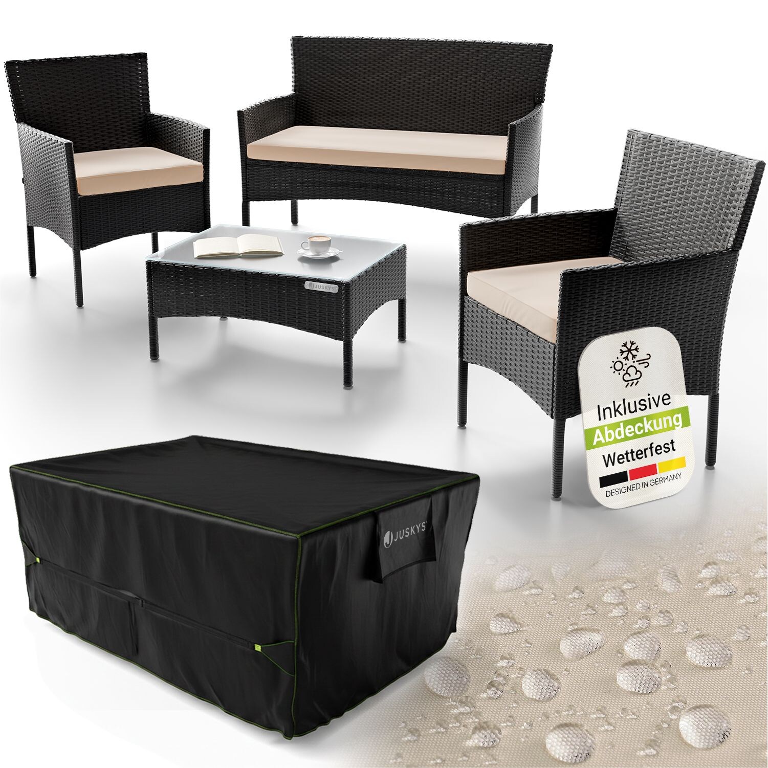 Polyrattan Gartenmöbel-Set Fort Myers schwarz mit Tisch, Sofa, 2 Stühle & Auflagen inkl. Abdeckung