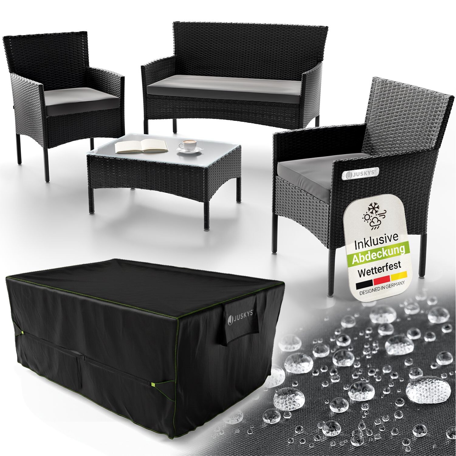 Polyrattan Gartenmöbel-Set Fort Myers schwarz mit Tisch, Sofa, 2 Stühle & Auflagen inkl. Abdeckung