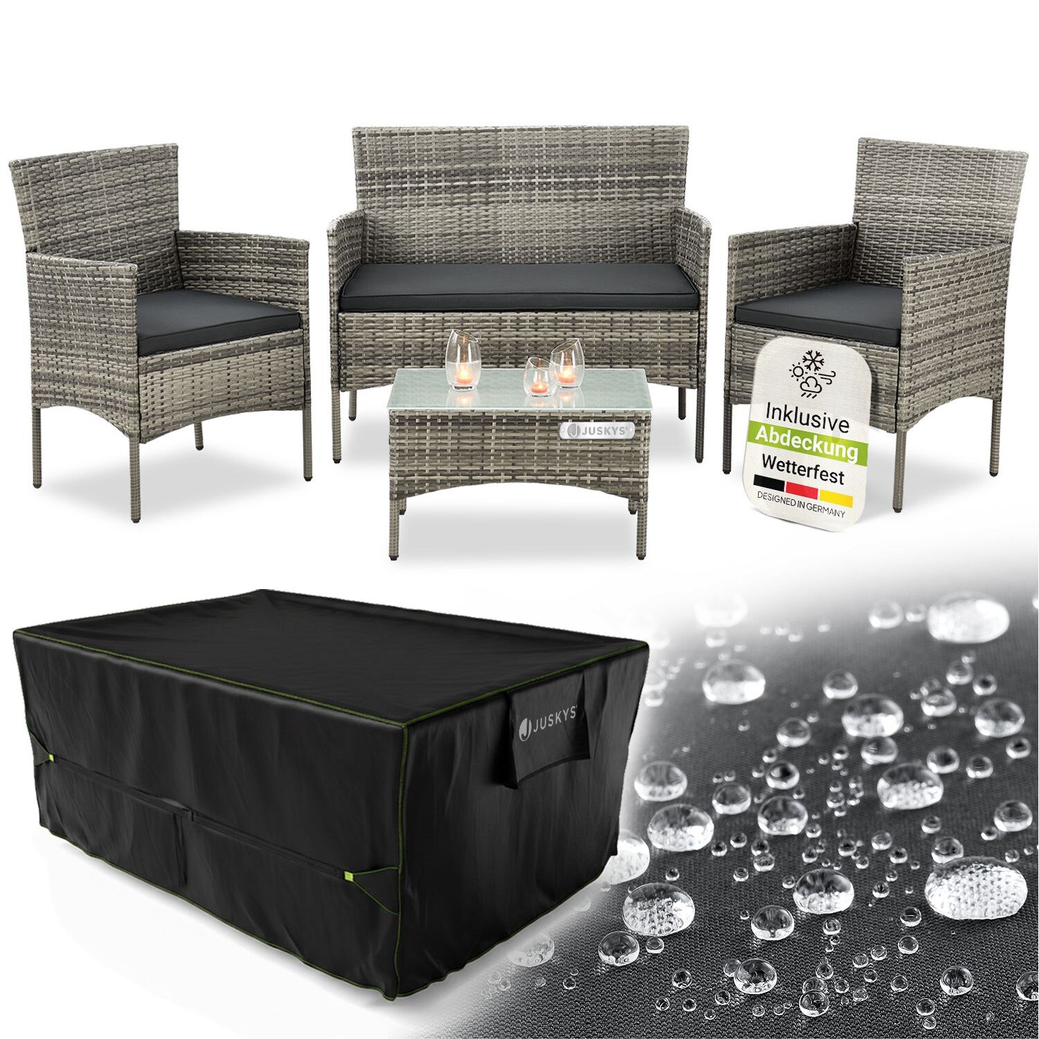 Polyrattan Gartenmöbel-Set Fort Myers grau-meliert mit Tisch, Sofa, 2 Stühle & Auflagen inkl. Abdeckung
