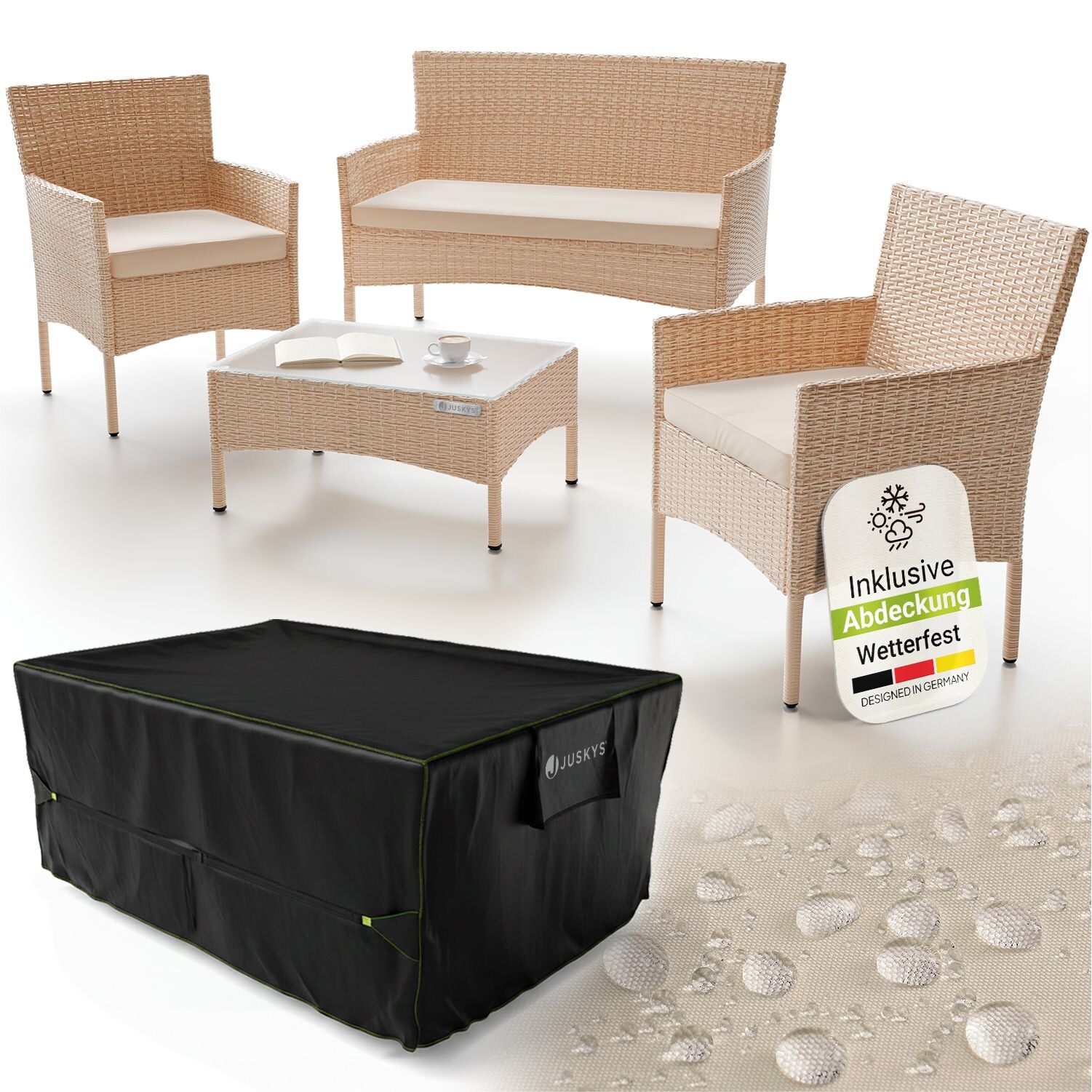 Polyrattan Gartenmöbel-Set Fort Myers creme mit Tisch, Sofa, 2 Stühle & Auflagen in sand inkl. Abdeckung