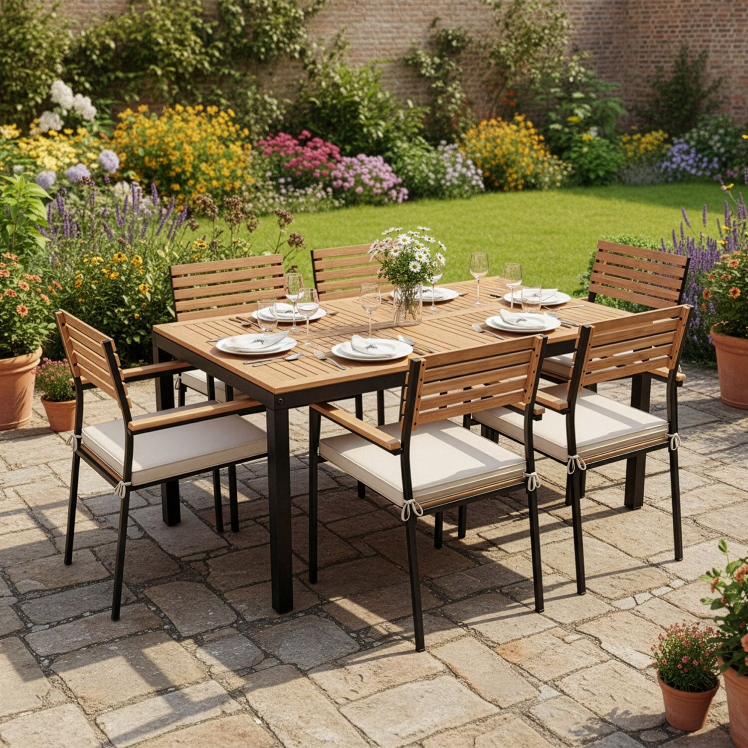 Akazienholz Gartengarnitur Rhodos - Tisch, 6 Stühle & Auflagen - Gartenmöbel Set - Holz Möbel