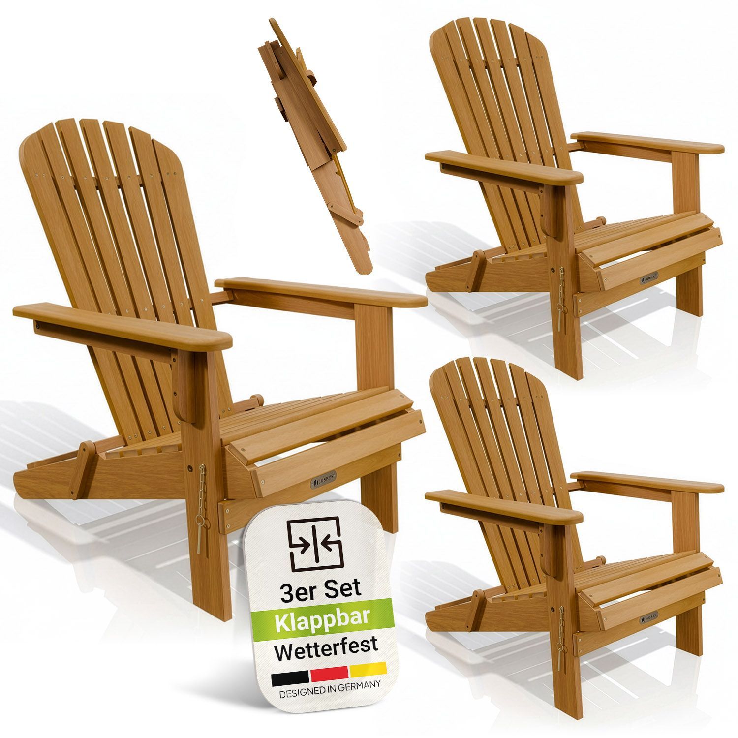 Juskys&reg; Garten Liegestuhl Korfu 3er Set &ndash; aus Akazienholz, klappbar, 85x69x94 cm, natur, ge&ouml;lt, Gartenstuhl, Sonnenliege 