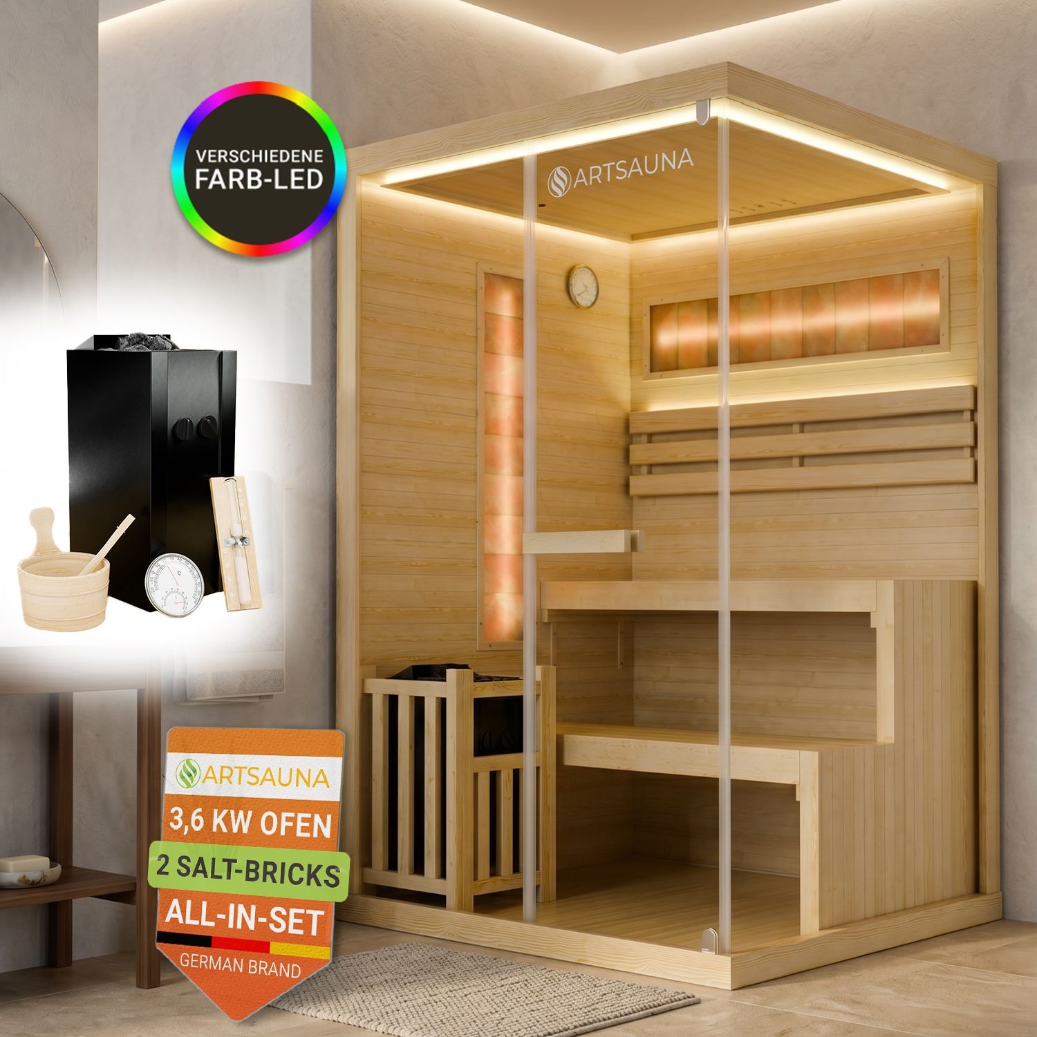 ARTSAUNA&reg; Traditionelle Sauna Vantaa natur - moderne Indoorsauna f&uuml;r 2 Personen, Hemlock Holz, Sicherheitsglas, RGB LED Beleuchtung mit Fernbedienung, Saunaofen 3,5 kW 