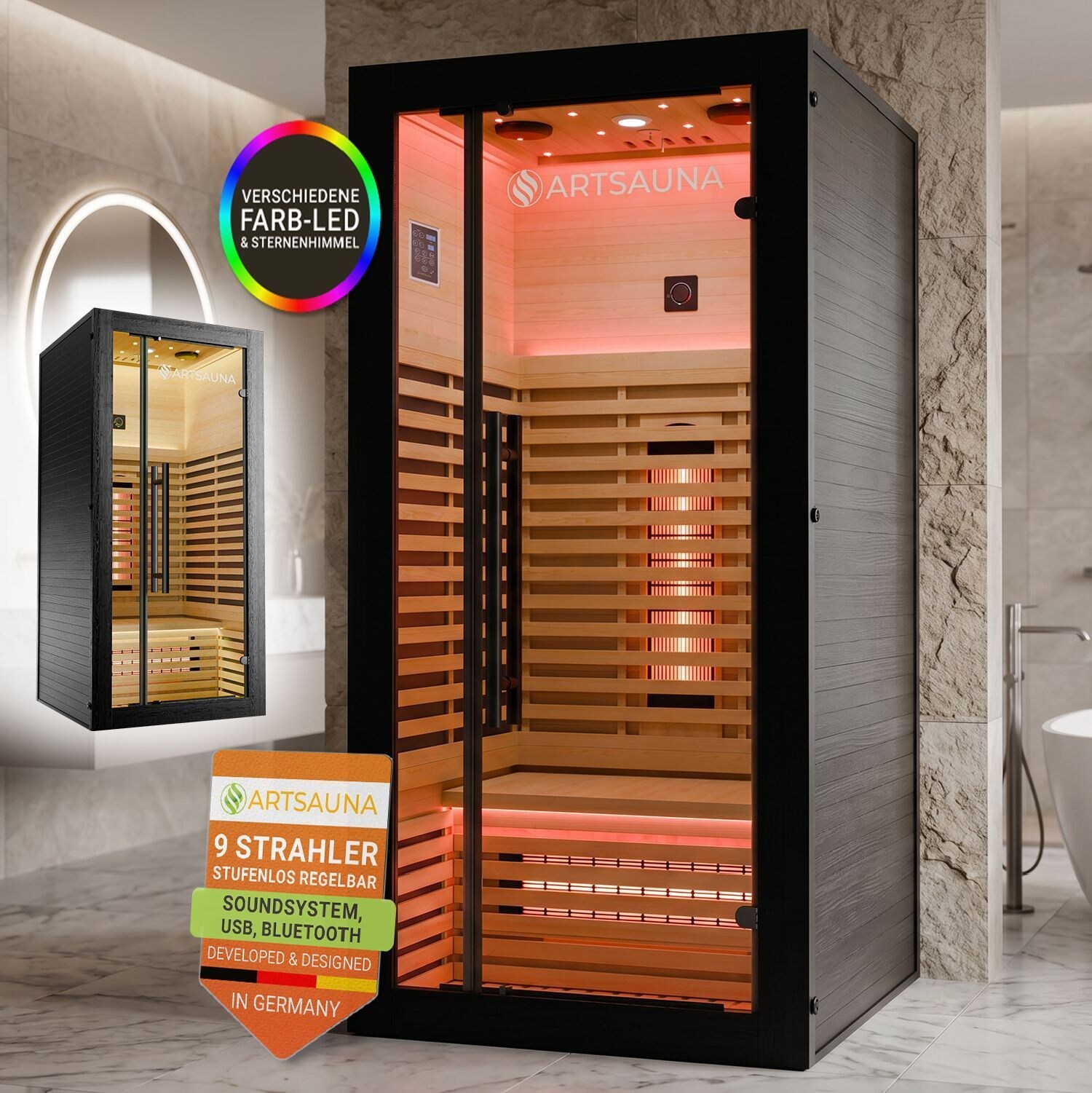 ARTSAUNA® Infrarotkabine Trondheim90 Schwarz - Vollspektrumstrahler mit LED-Beleuchtung, Bluetooth Audio, App-Steuerung, 1705 W Leistung