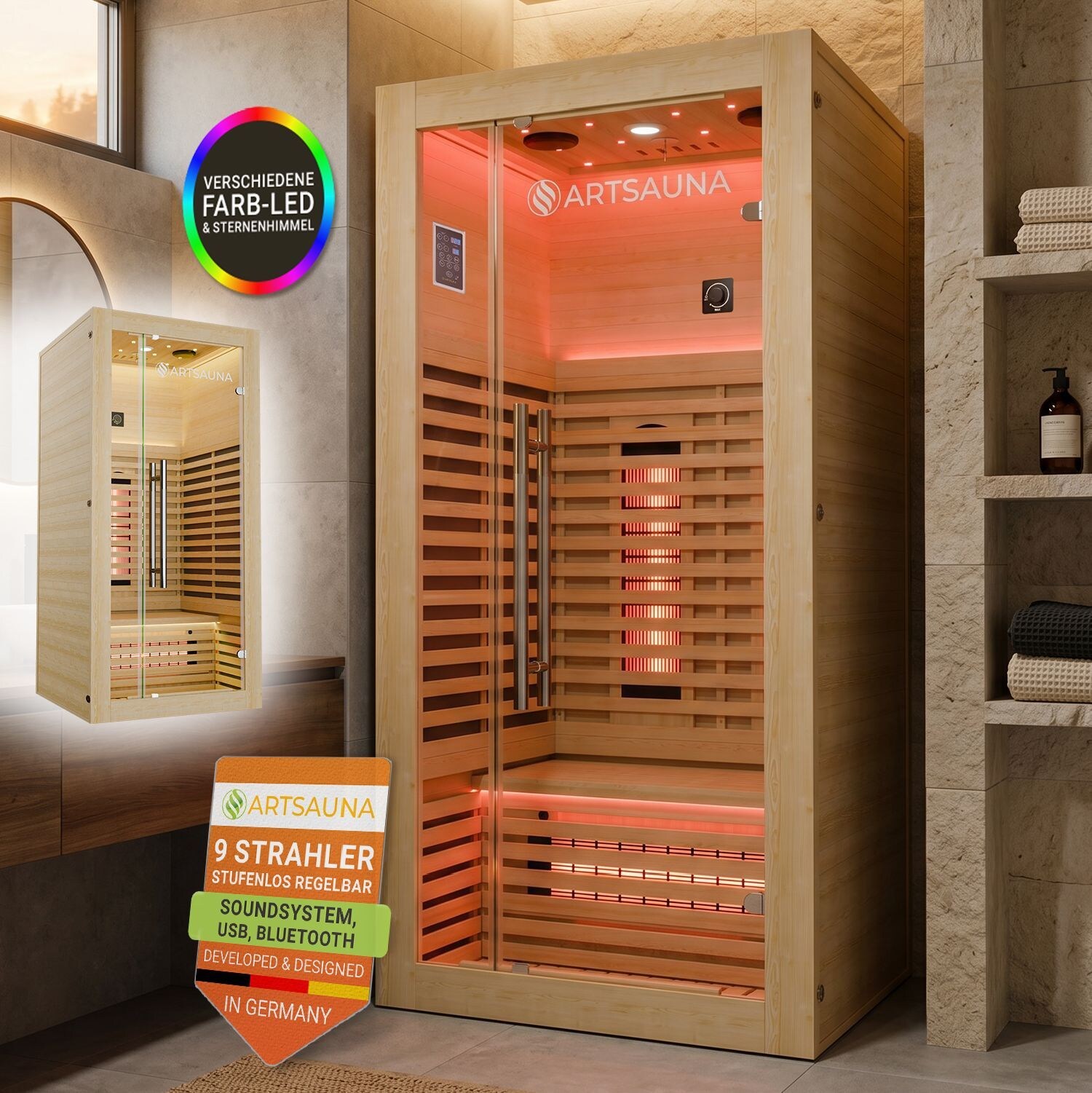ARTSAUNA&reg; Infrarotkabine Trondheim90 Natur - Vollspektrumstrahler mit LED-Beleuchtung, Bluetooth Audio, App-Steuerung, 1705 W Leistung 