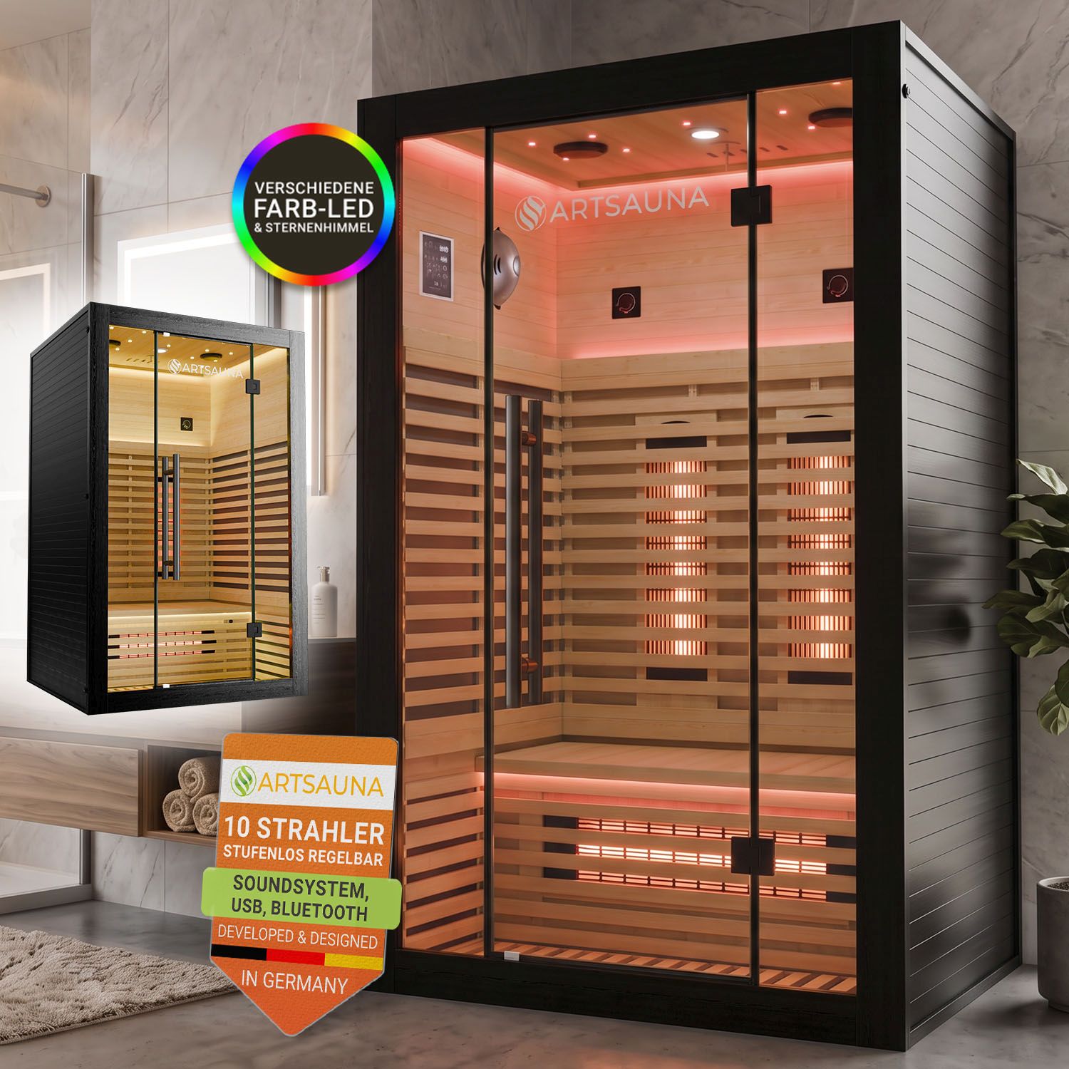 ARTSAUNA&reg; Infrarotkabine Trondheim120 Schwarz - Saunakabine mit Vollspektrumstrahler & LED-Beleuchtung, Bluetooth Audio, App-Steuerung, 2200 W Leistung 