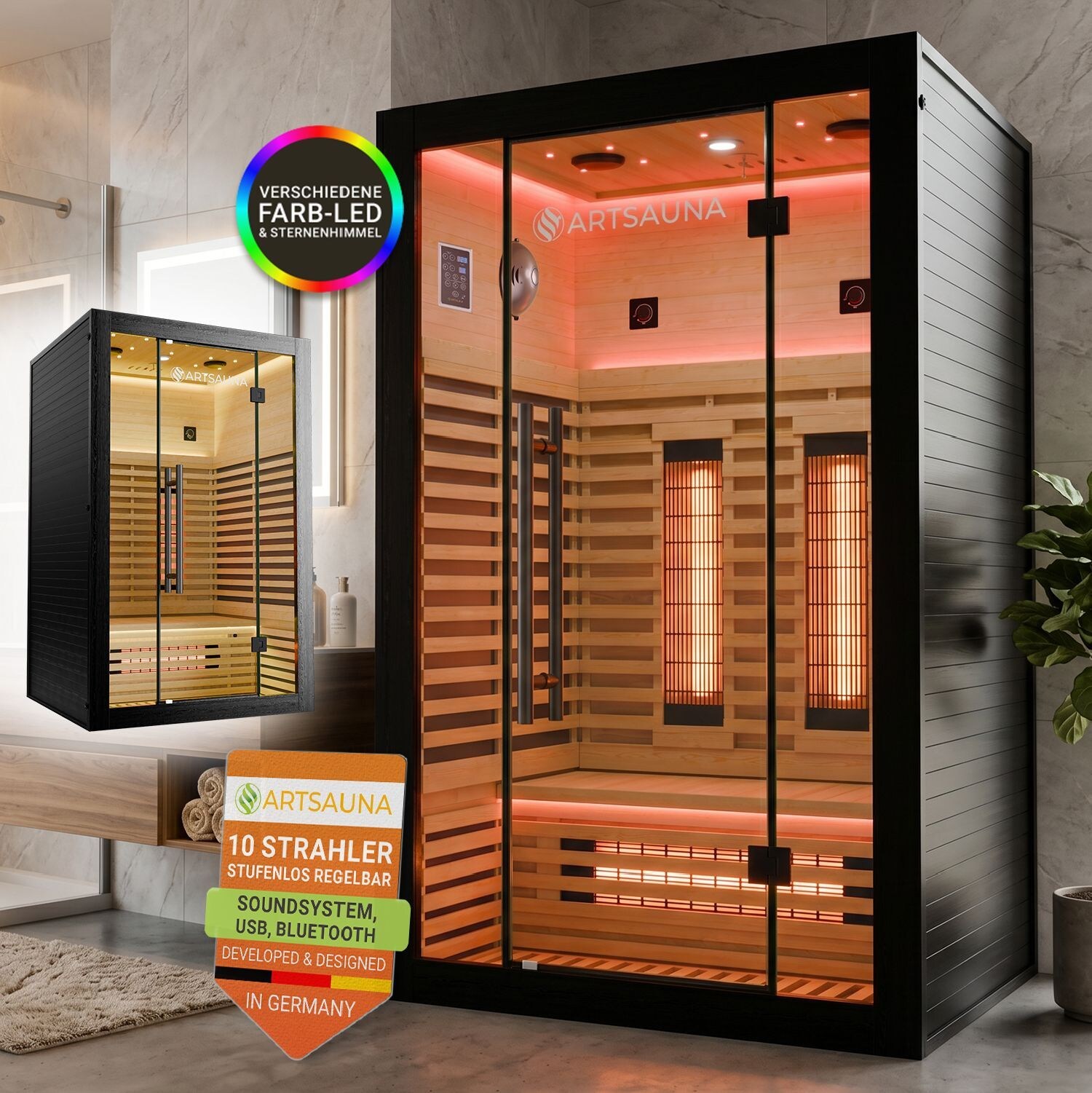 ARTSAUNA® Infrarotkabine Trondheim120 Schwarz - Saunakabine mit Vollspektrumstrahler & LED-Beleuchtung, Bluetooth Audio, App-Steuerung, 2200 W Leistung