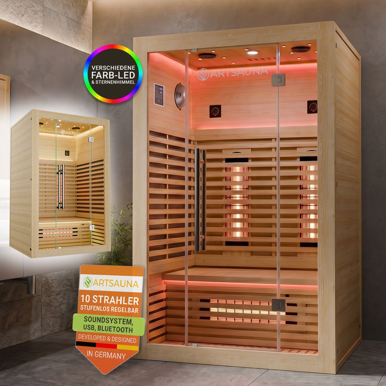 ARTSAUNA® Infrarotkabine Trondheim120 Natur - Vollspektrumstrahler mit LED-Beleuchtung, Bluetooth Audio, App-Steuerung, 2200 W Leistung