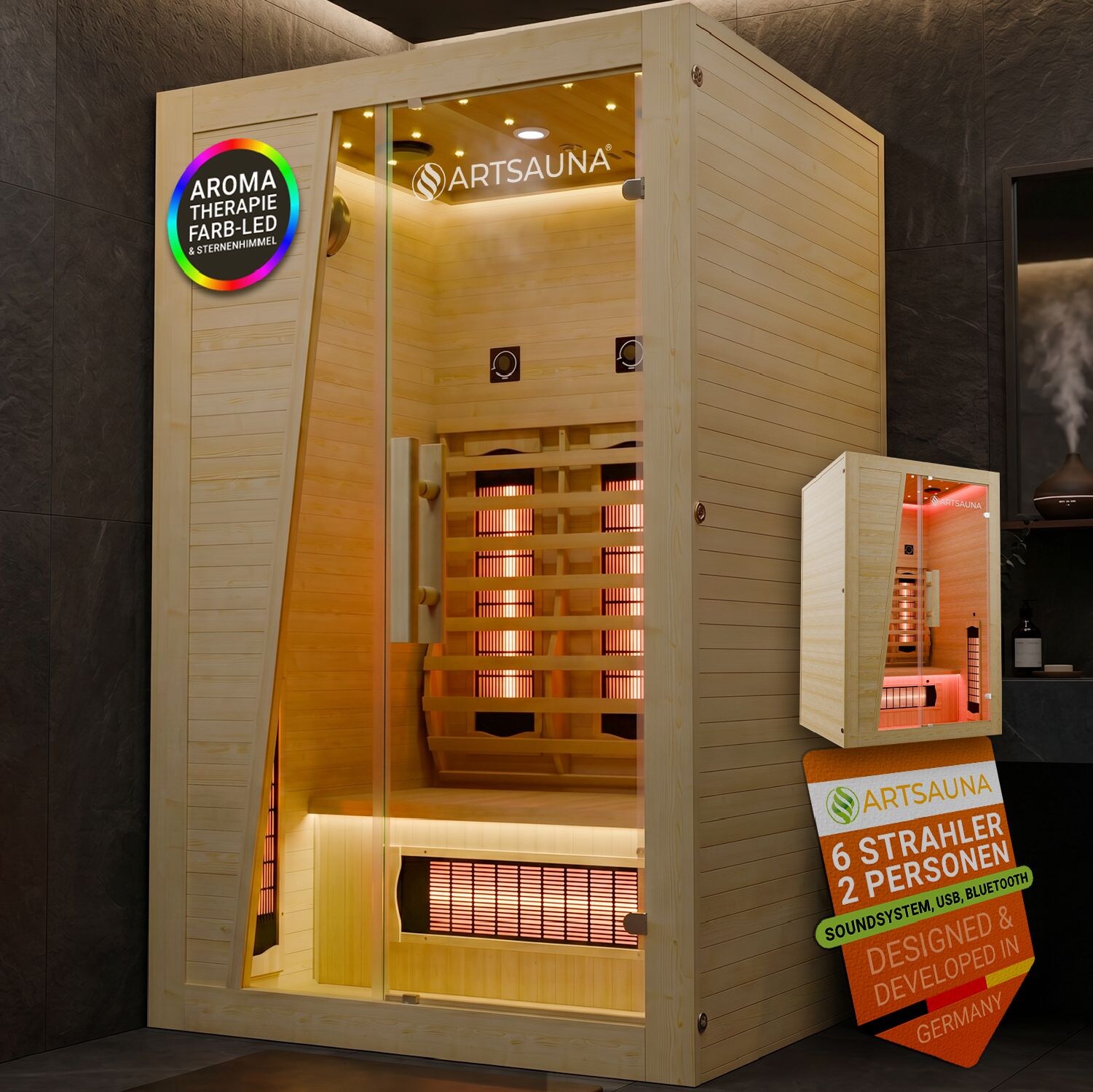 ARTSAUNA® Infrarotkabine Bergen115 natur - Wärmekabine für 2 Personen, dimmbare Vollspektrumstrahler, LED Farblicht und App-Steuerung, 1800W