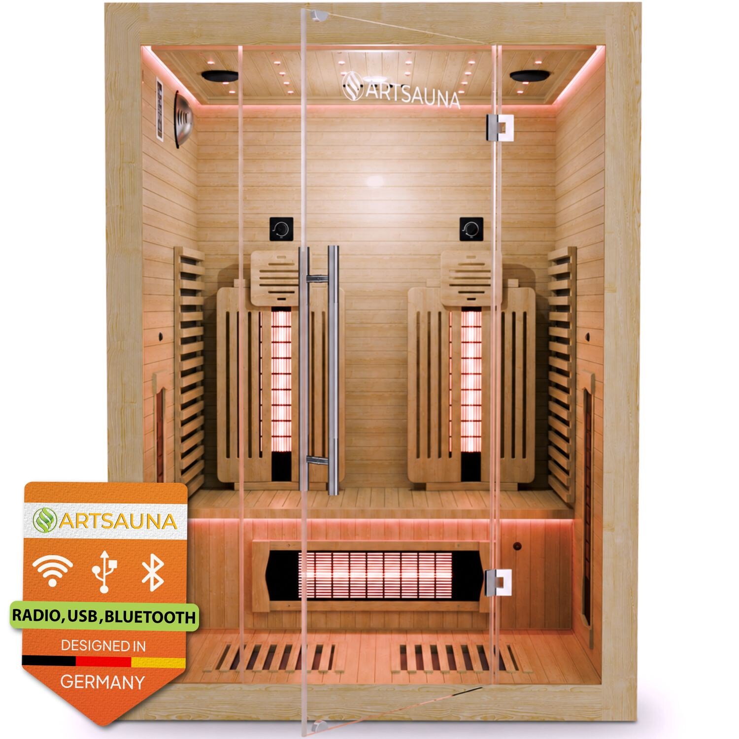 ARTSAUNA® Infrarotkabine Aarhus140 Natur - Premium Hemlock-Holz, 5 Dual Vollspektrumstrahler mit Dimmer & Flächenstrahler, LED Farblicht, 140x120x190 cm