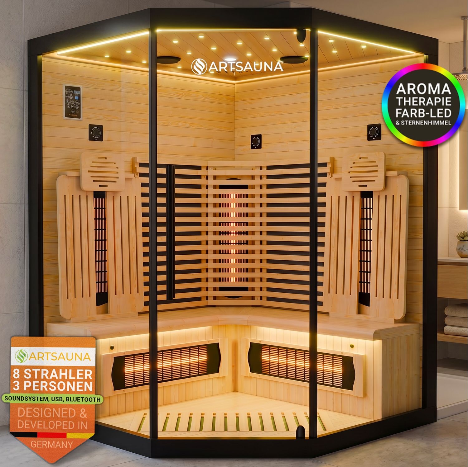 ARTSAUNA&reg; Infrarotkabine Malm&ouml;140 Schwarz - Hemlock Holz, Vollspektrumstrahler mit Dimmer, LED-Farblichttherapie, 3 Personen, 140x140x190 cm, 2530 W 