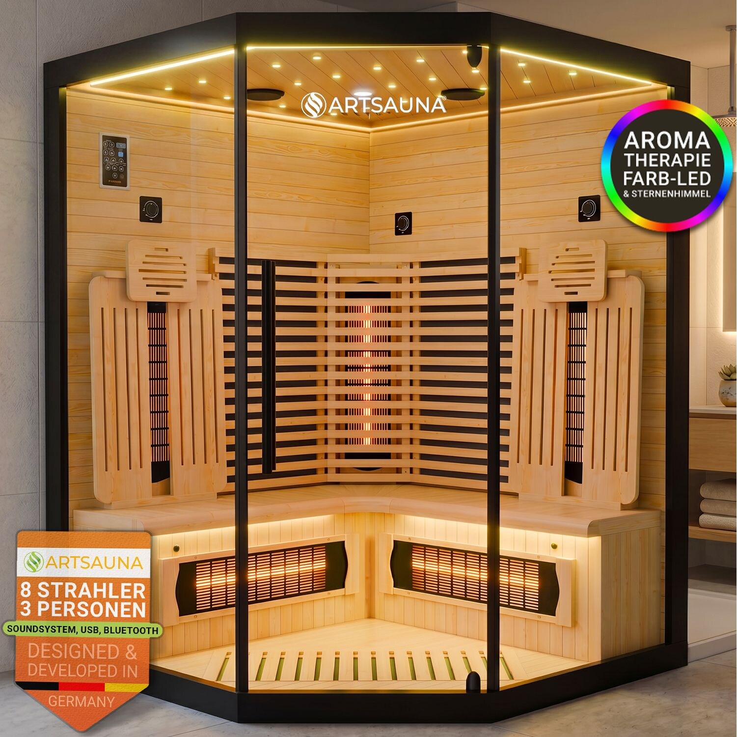 ARTSAUNA® Infrarotkabine Malmö140 Schwarz - Hemlock Holz, Vollspektrumstrahler mit Dimmer, LED-Farblichttherapie, 3 Personen, 140x140x190 cm, 2530 W